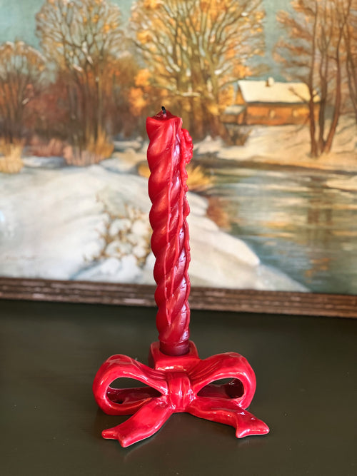red ceramic bow taper candleholder