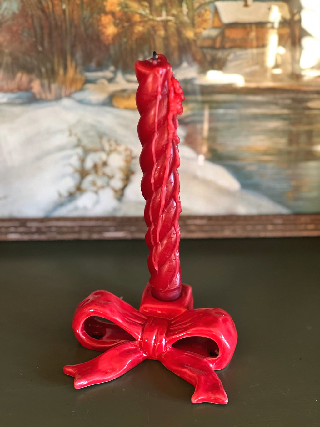 Vintage Fitz & Floyd Red Ceramic Bow Taper Candleholder