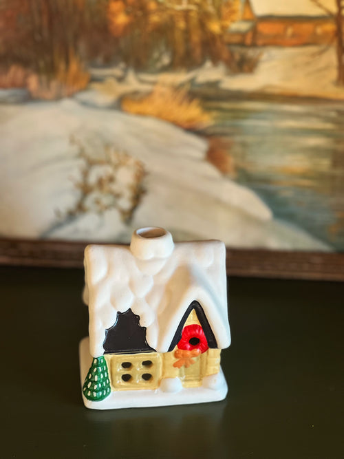 little yellow cottage in the snow ceramic candleholder
