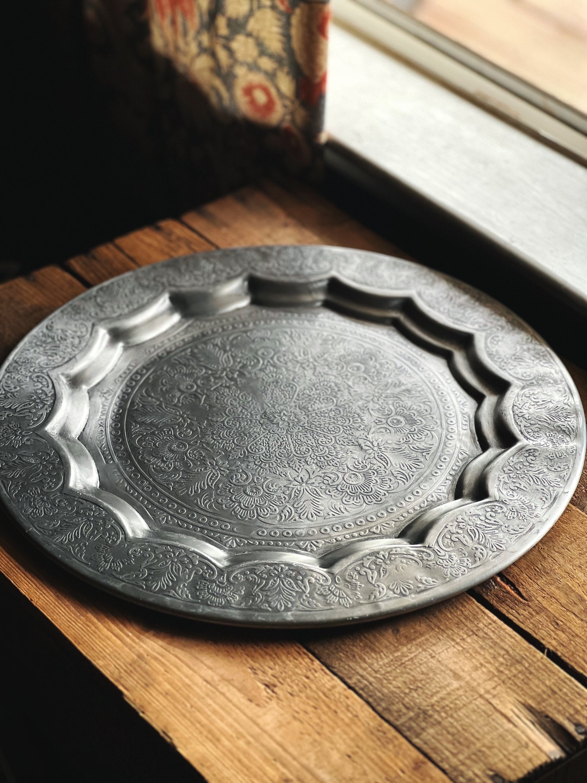 Large Vintage Round Silver Serving Tray Made in India