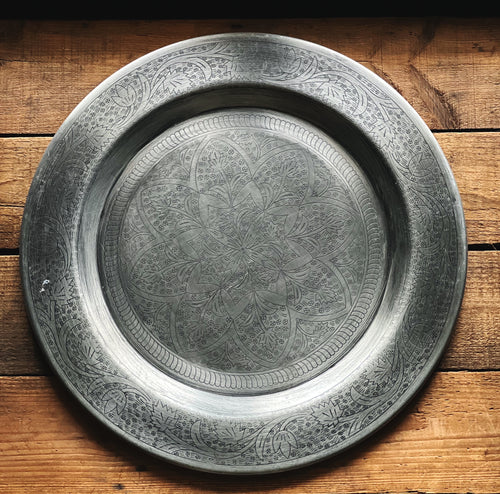 Large Vintage Round Silver Lotus Serving Tray Made in India