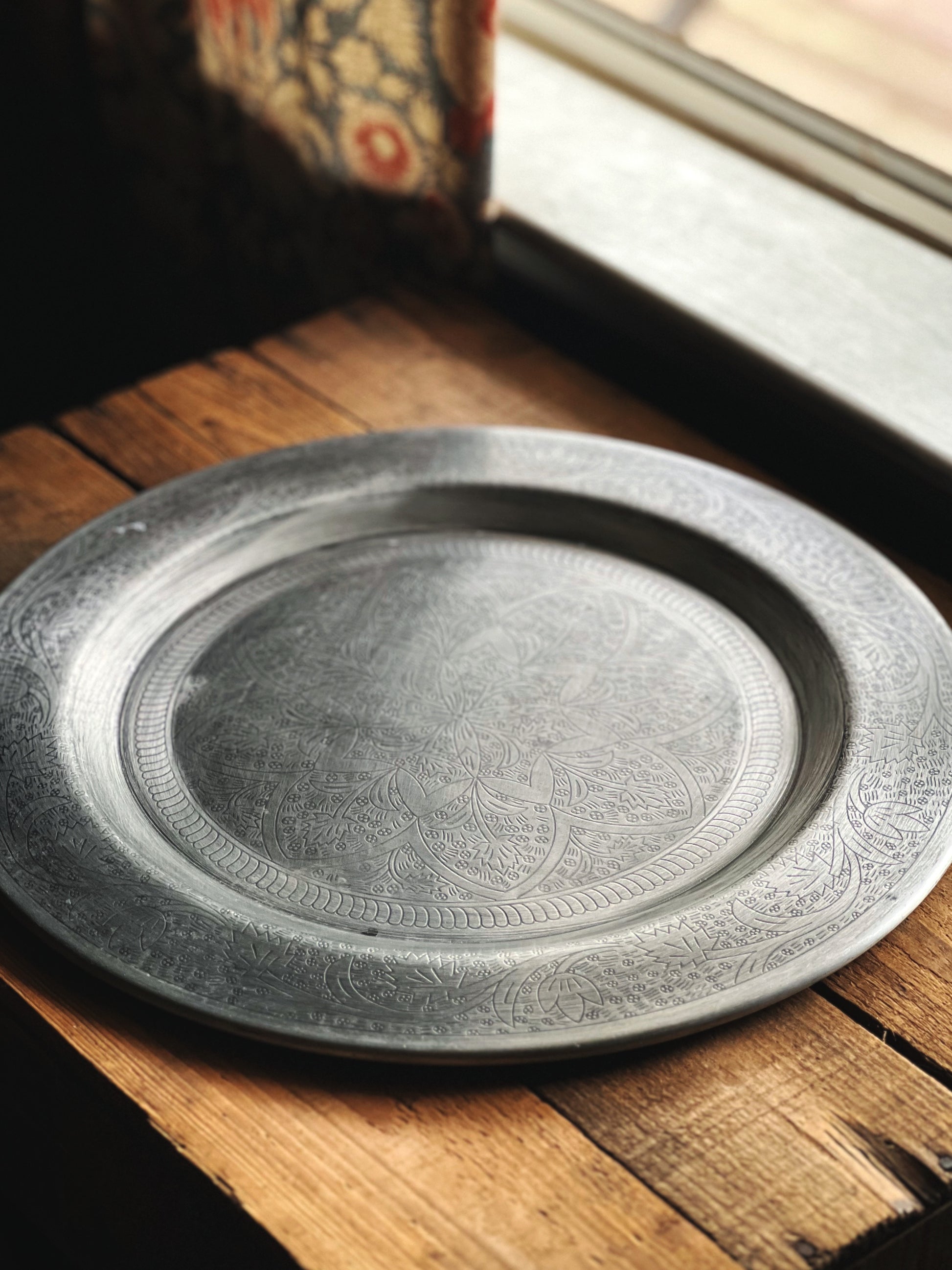 Large Vintage Round Silver Lotus Serving Tray Made in India