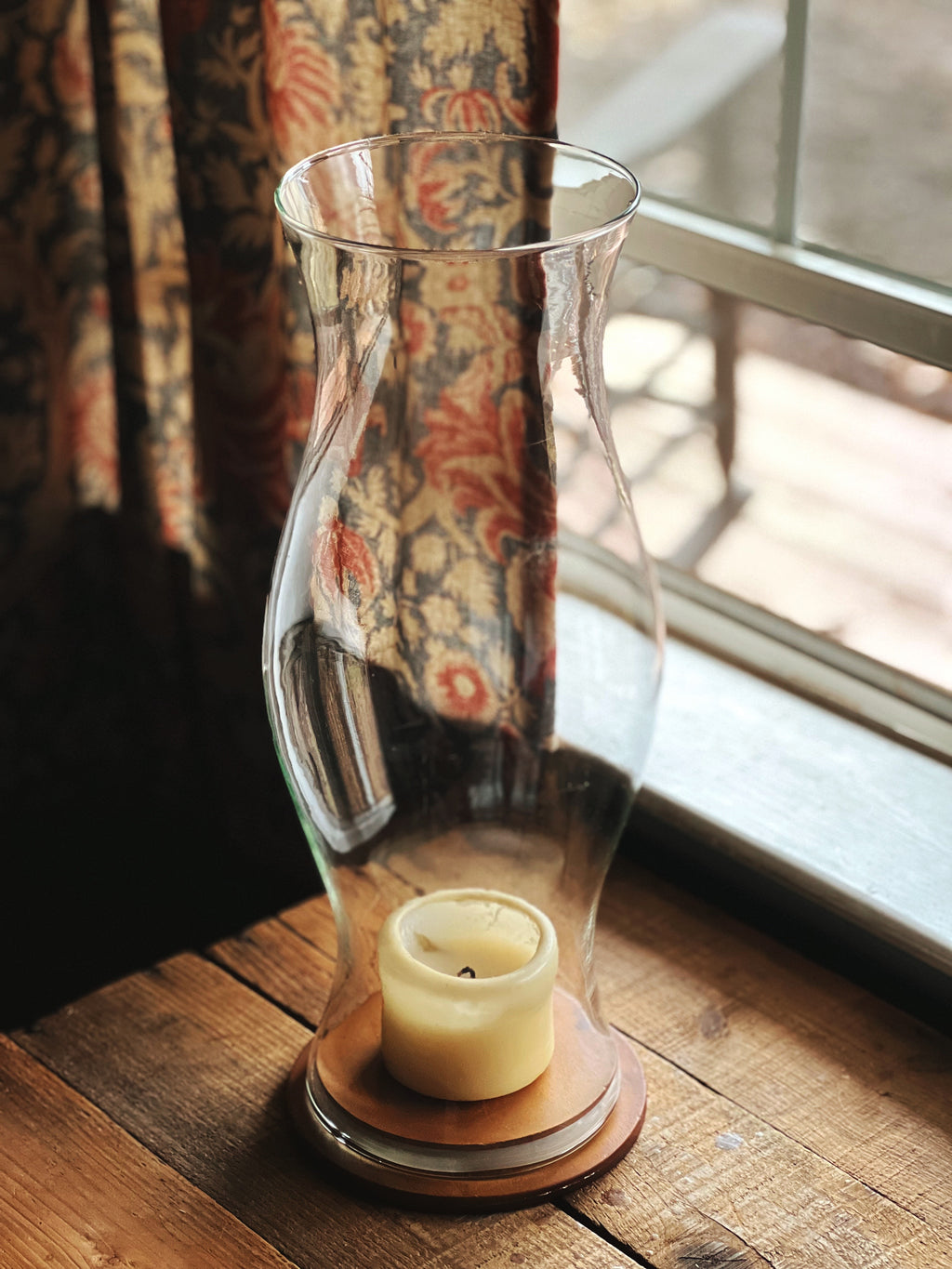 Large Glass Hurricane Lamp with Wood Base