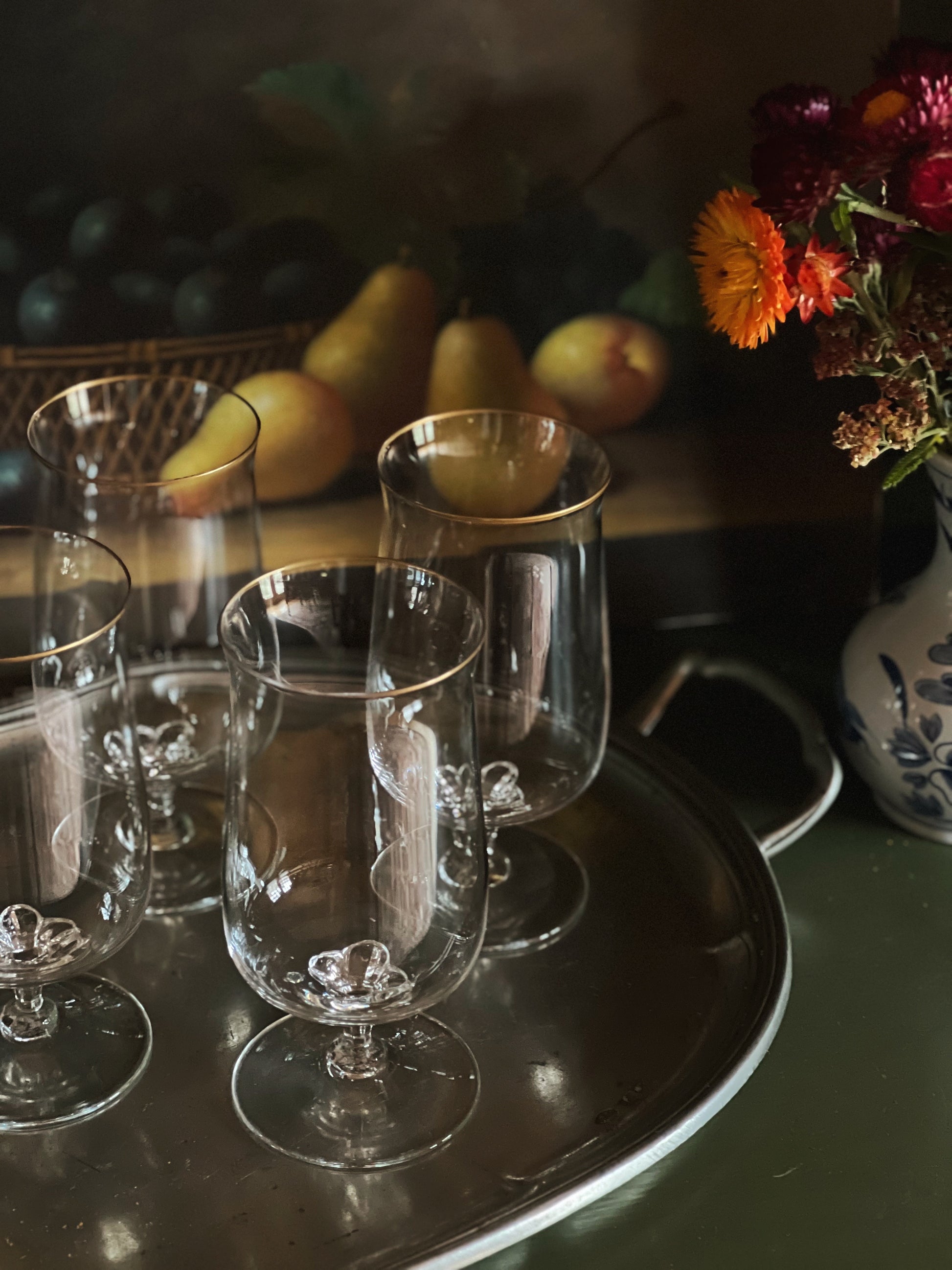 Set of 4 Vintage Crystal Gold Rim Water Goblets