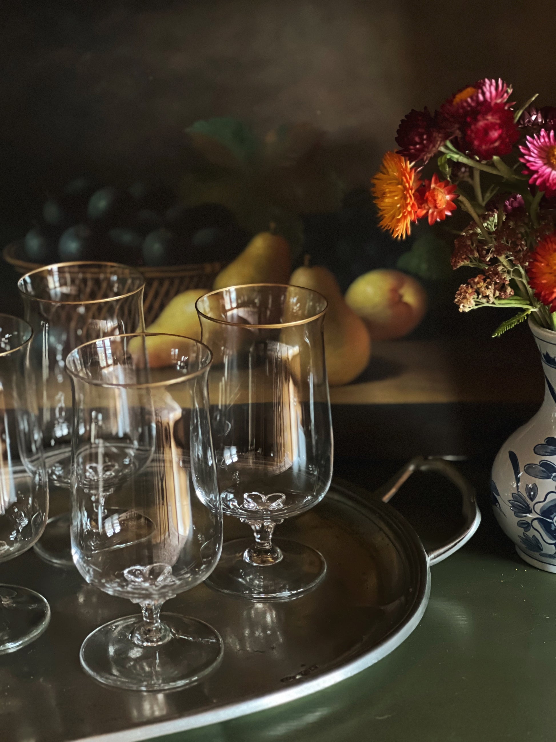 Set of 4 Vintage Crystal Gold Rim Water Goblets