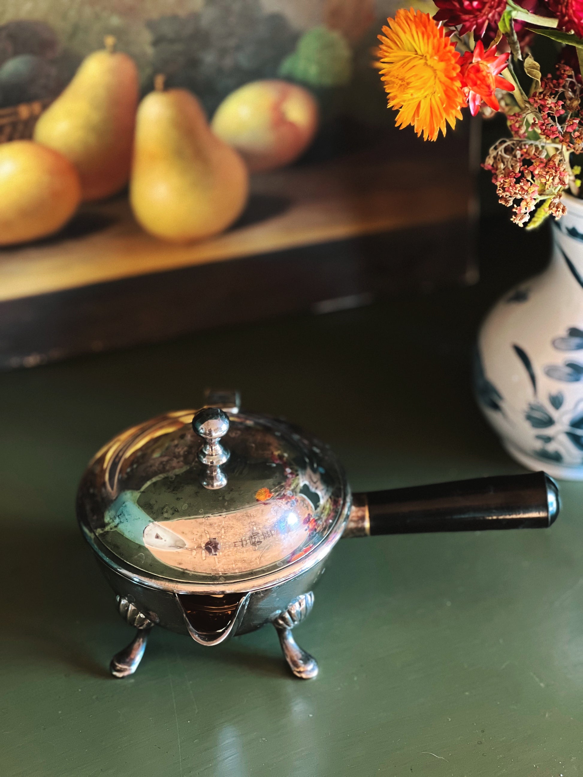 Vintage Silver Sauce Server with Hinged Lid and Wood Handle EPNS India