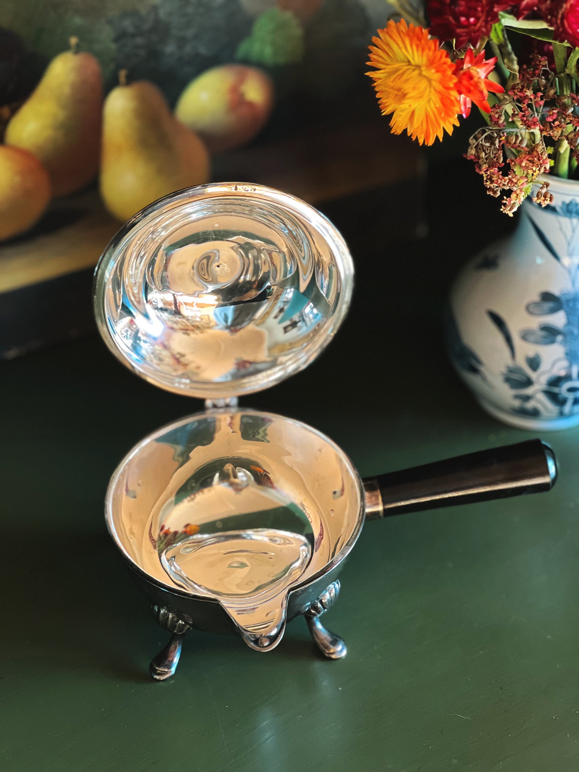 Vintage Silver Sauce Server with Hinged Lid and Wood Handle EPNS India