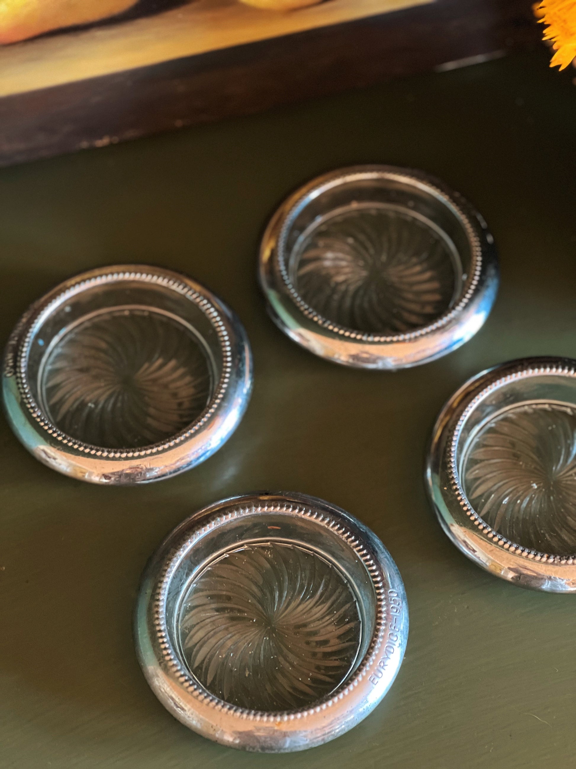 Set of 4 Vintage Eurydice 1950 Sterling Lined Silver & Glass Coasters