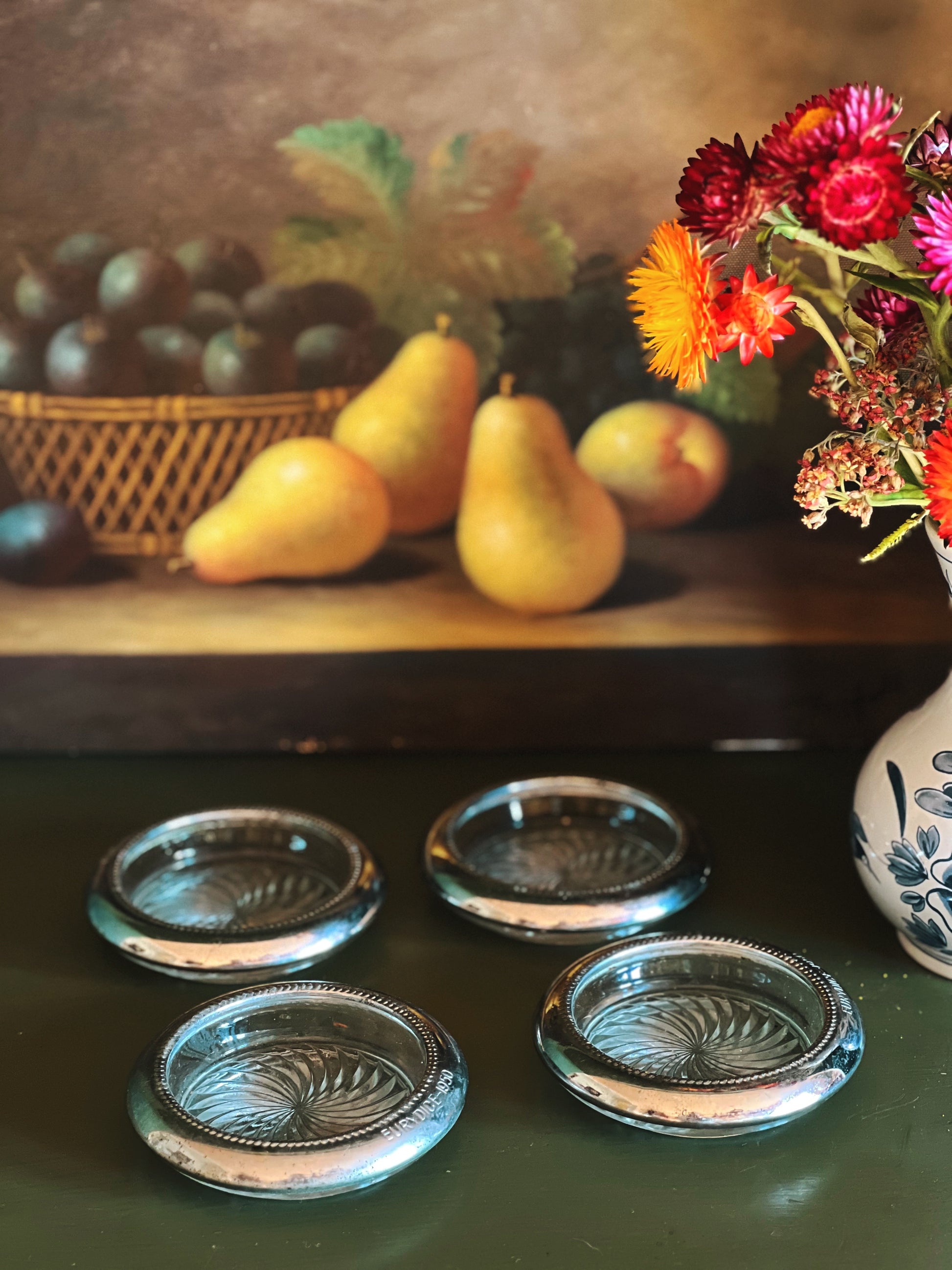 Set of 4 Vintage Eurydice 1950 Sterling Lined Silver & Glass Coasters