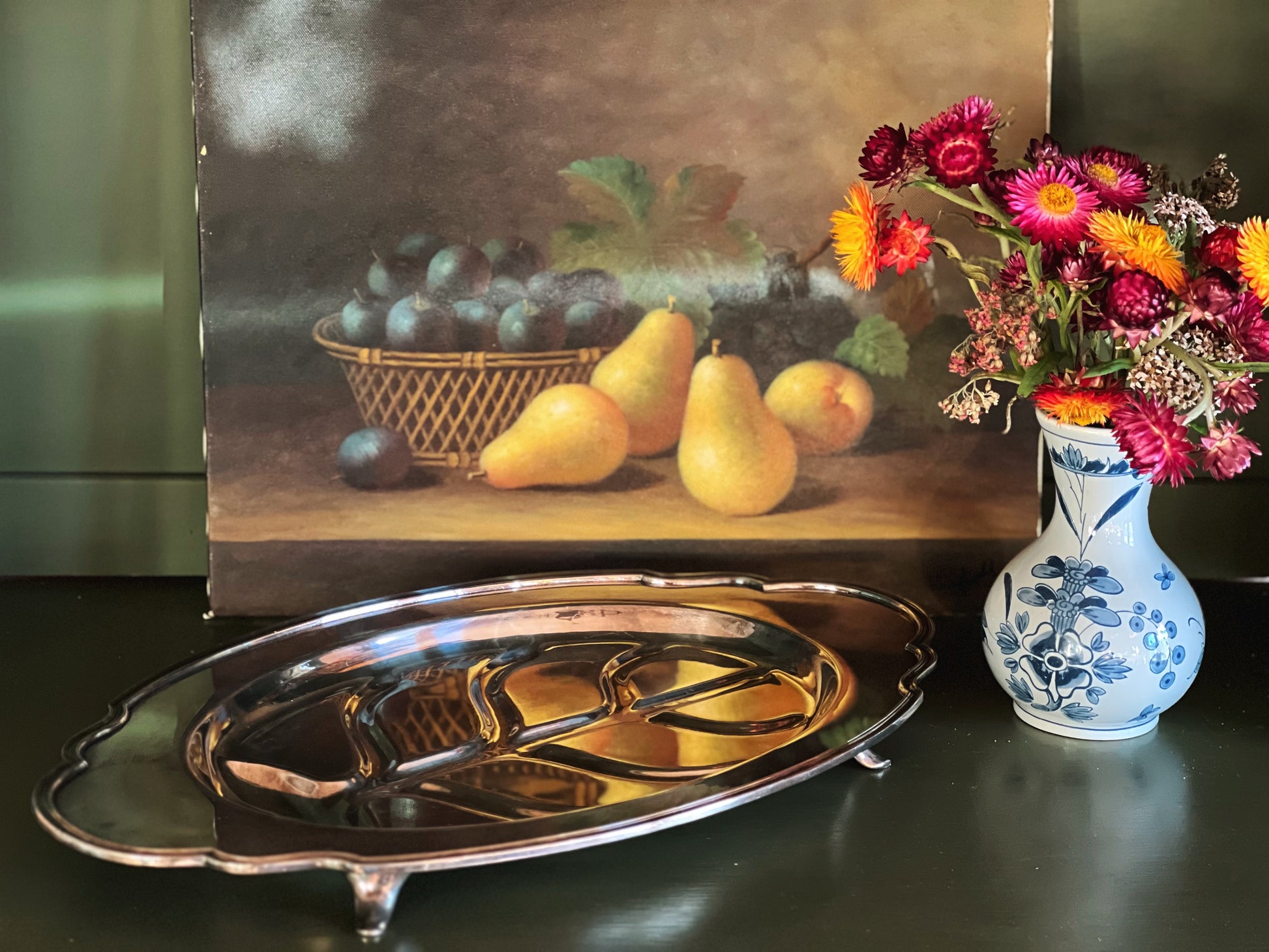 Vintage Oval Footed Serving Meat Platter with Well