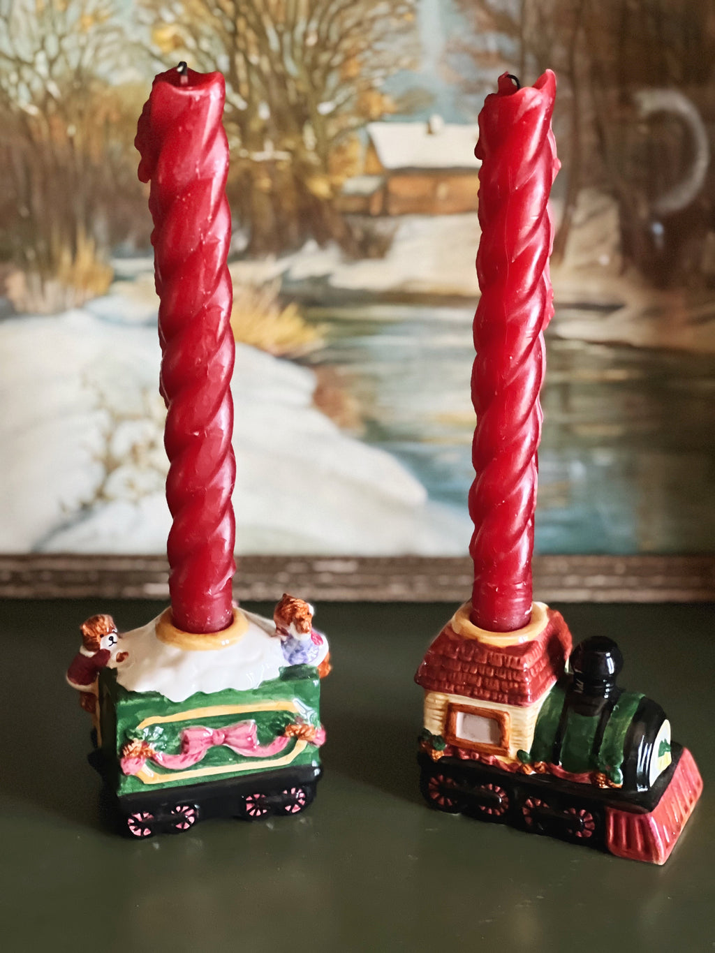 Pair of Vintage Ceramic Christmas Train Candleholders