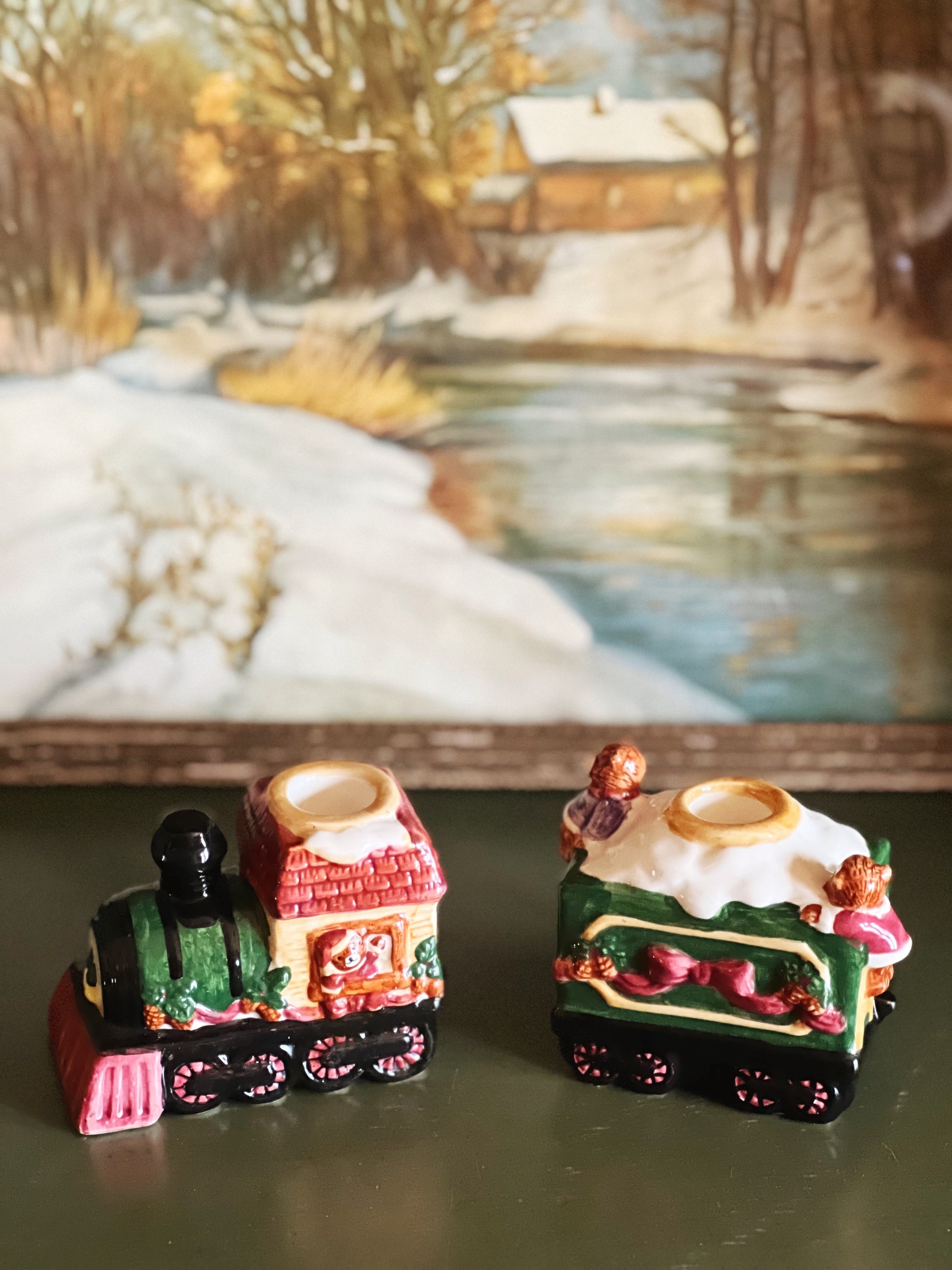 Pair of Vintage Ceramic Christmas Train Candleholders