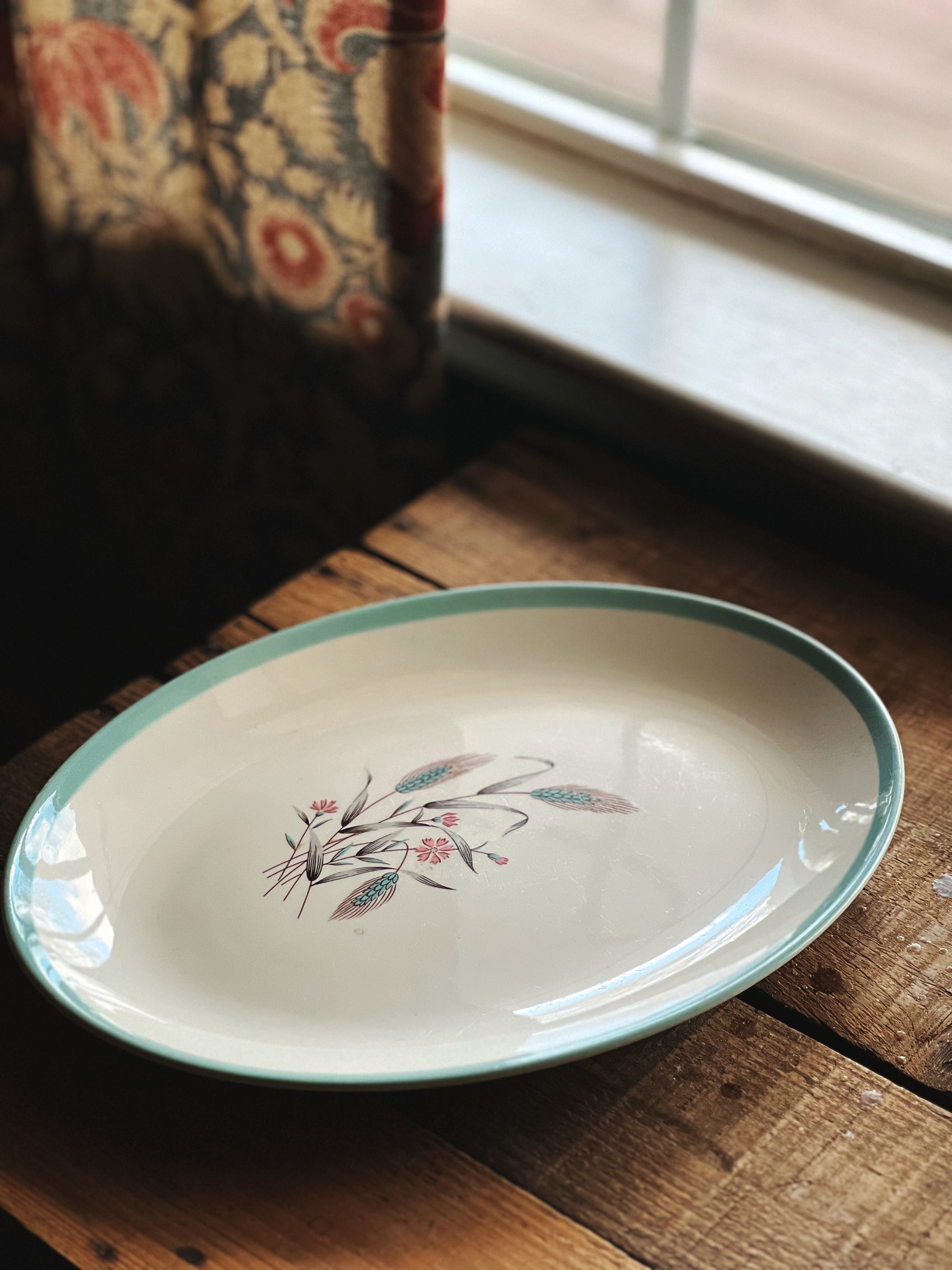 Vintage Turquoise and Pink Floral Serving Platter