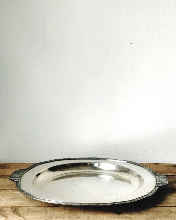 Vintage Homan Plate Nickel Silver Round Tray with Handles
