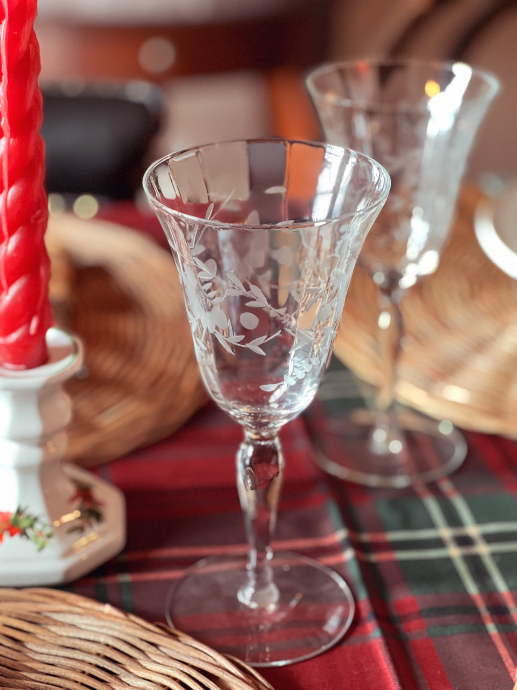 Set of 4 Tall Etched Vintage Wine Glasses