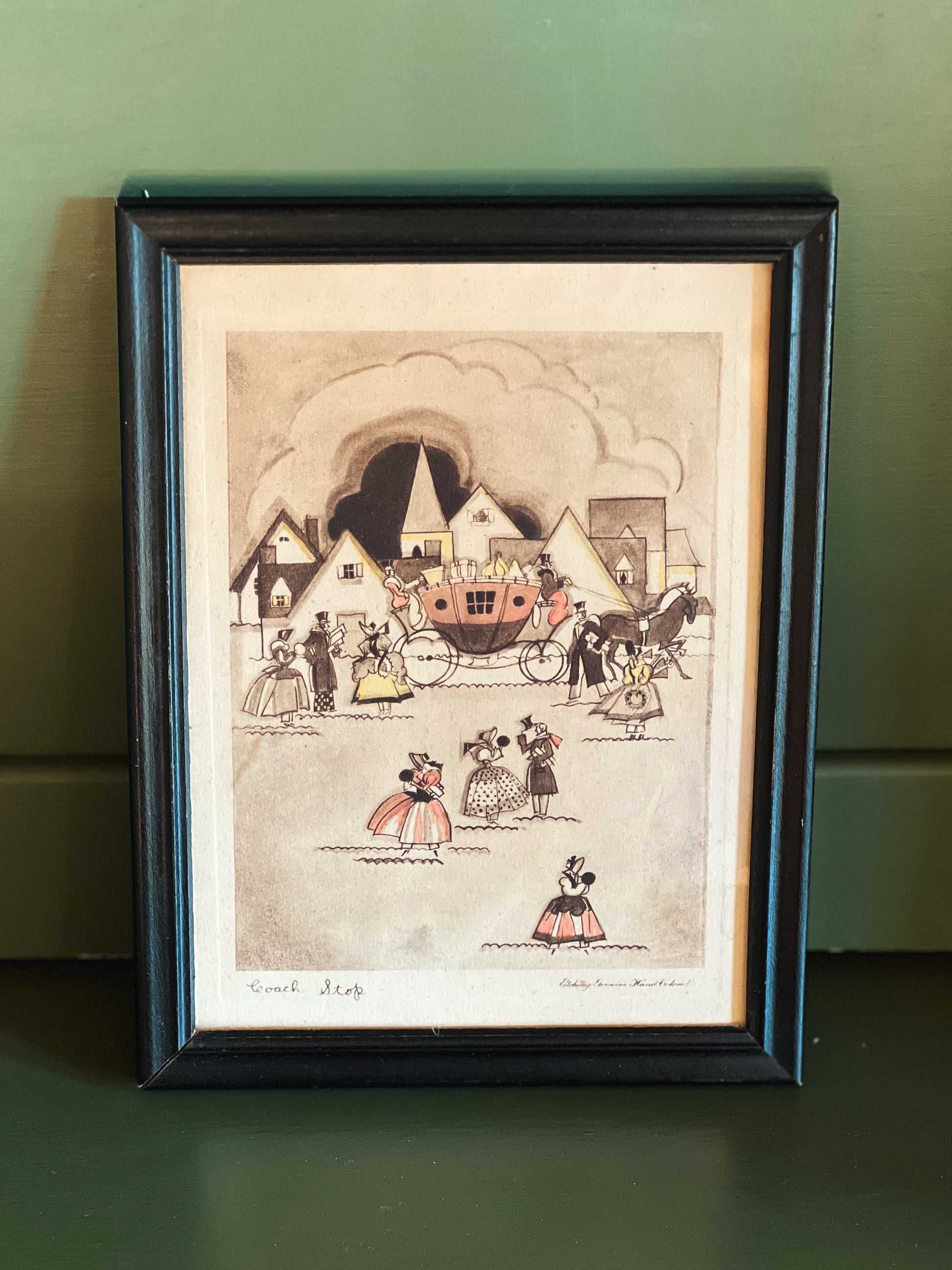 Framed illustration of a vintage scene with people and a horse-drawn carriage on a green wall.