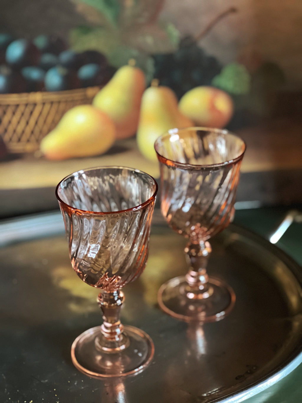 Vintage Pair of Pink Rosalind Swirl French Wine Glasses