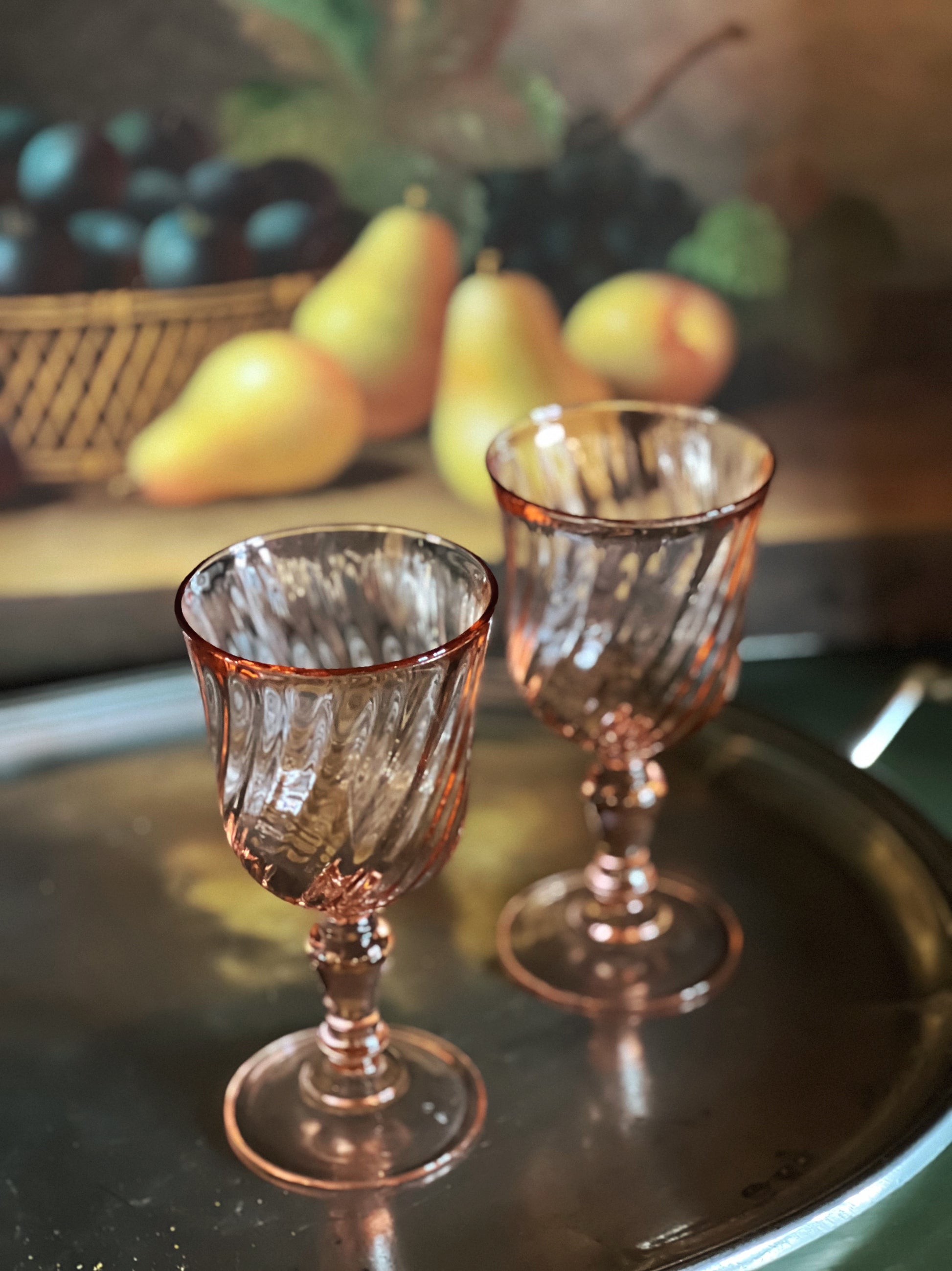 Vintage Pair of Pink Rosalind Swirl French Wine Glasses