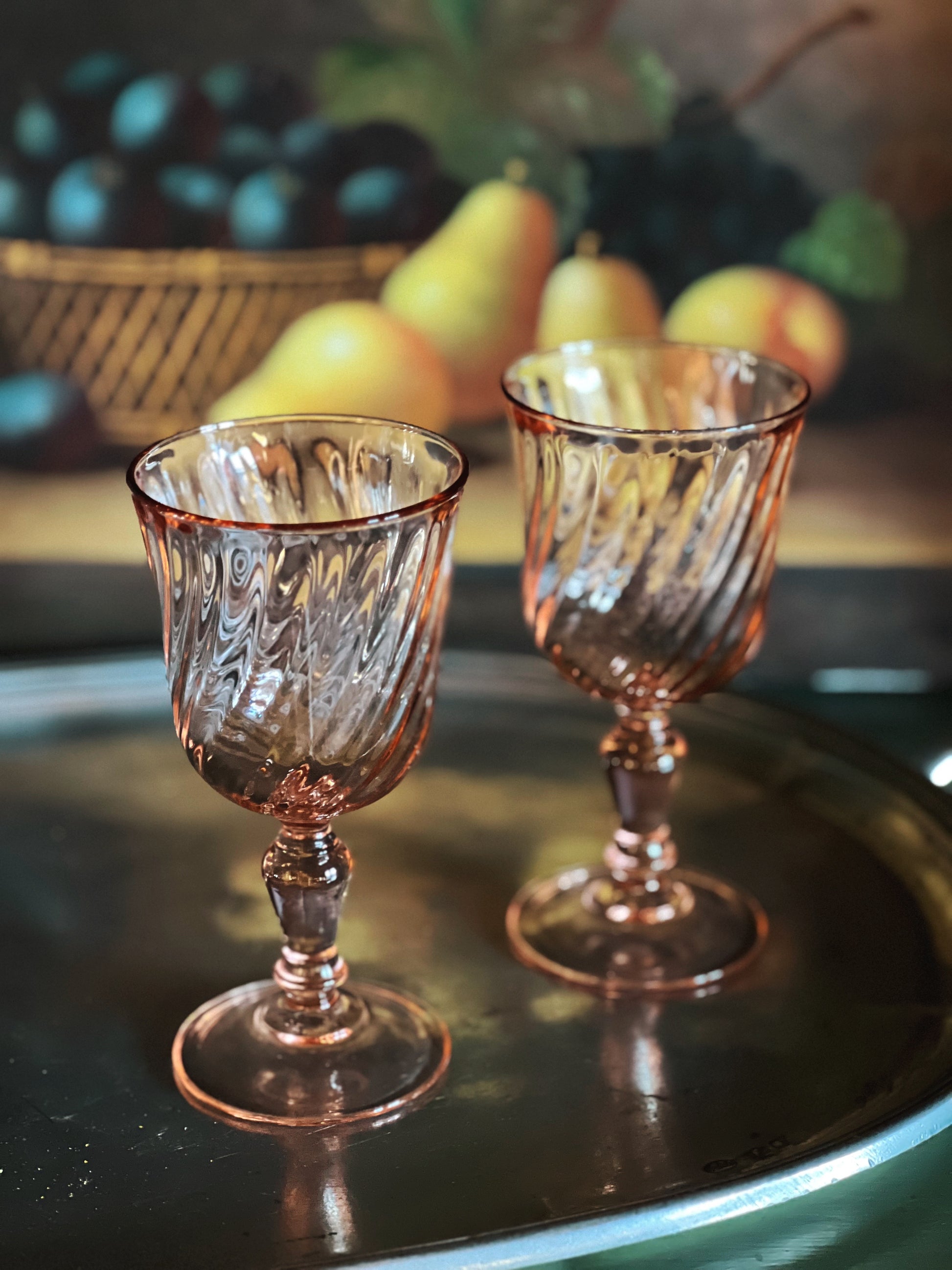 Vintage Pair of Pink Rosalind Swirl French Wine Glasses