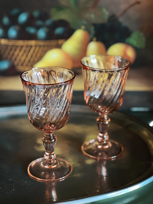 Vintage Pair of Pink Rosalind Swirl French Wine Glasses