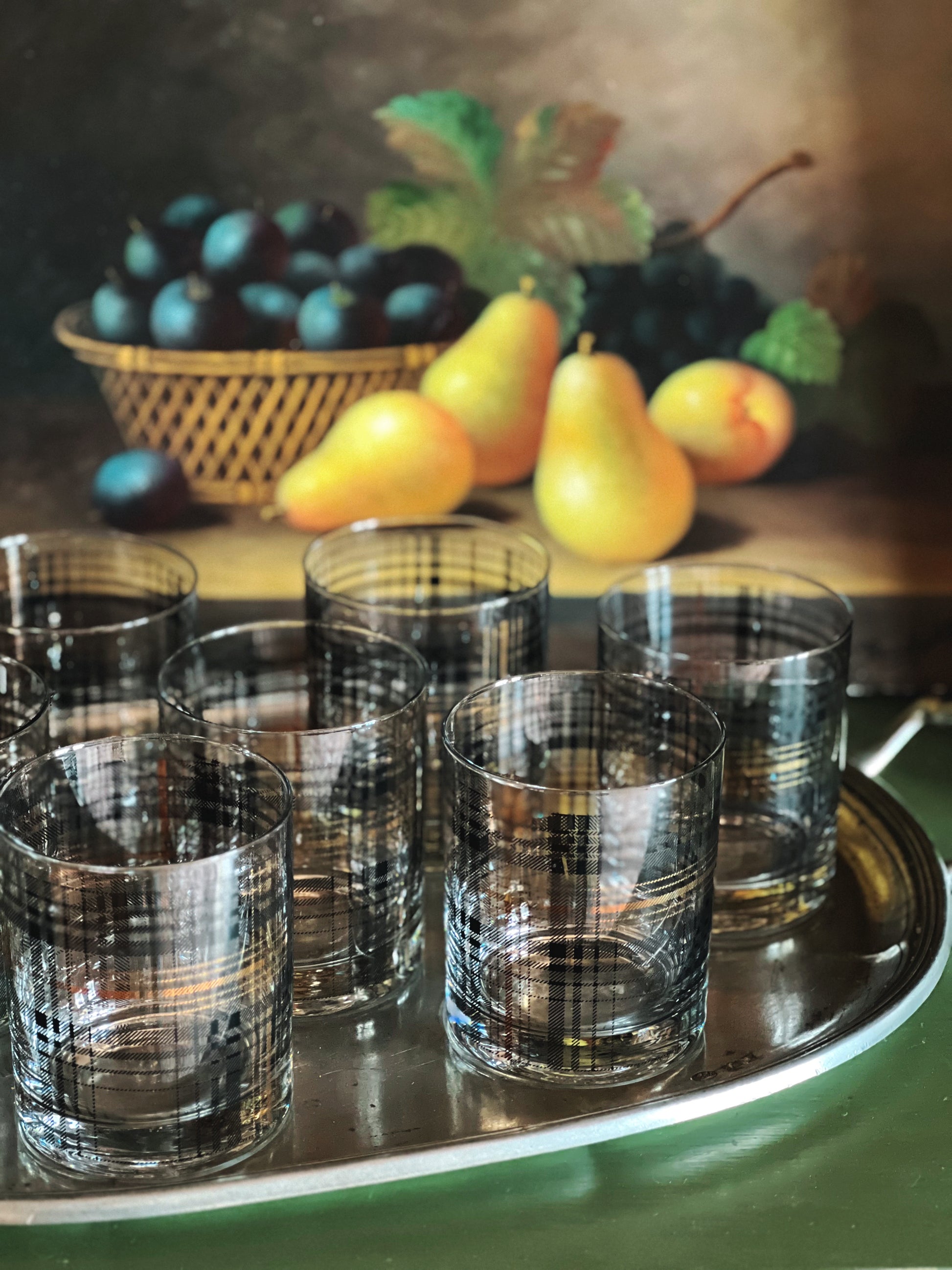 Black and Gold Plaid Double Old Fashioned Glass