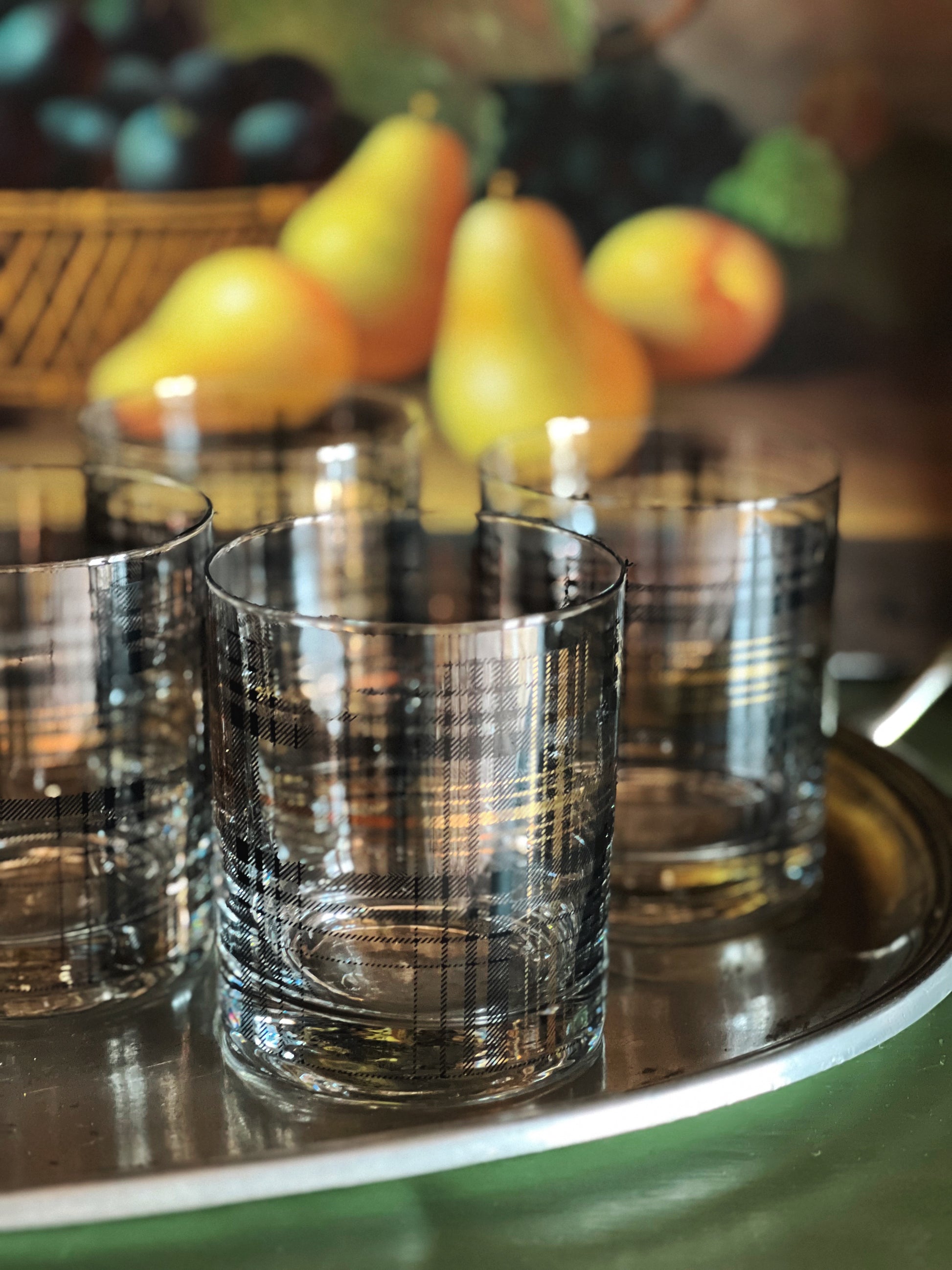 Black and Gold Plaid Double Old Fashioned Glass