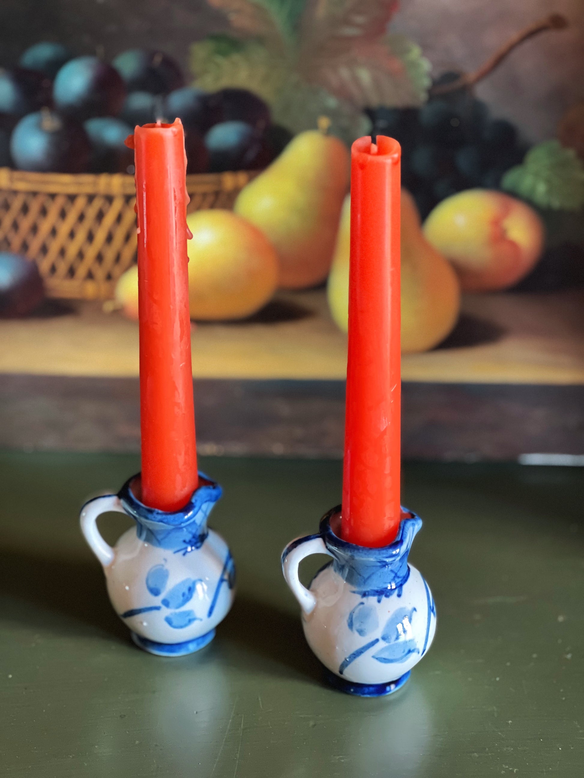 Vintage Pair of Hand Painted Japan Mini Blue & White Pitchers