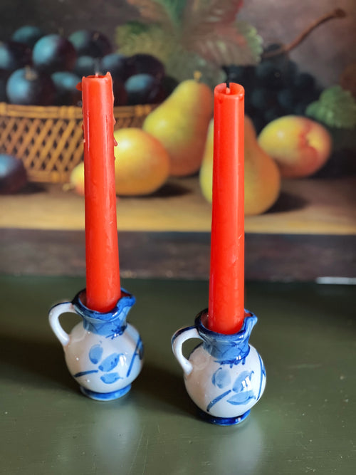 Vintage Pair of Hand Painted Japan Mini Blue & White Pitchers