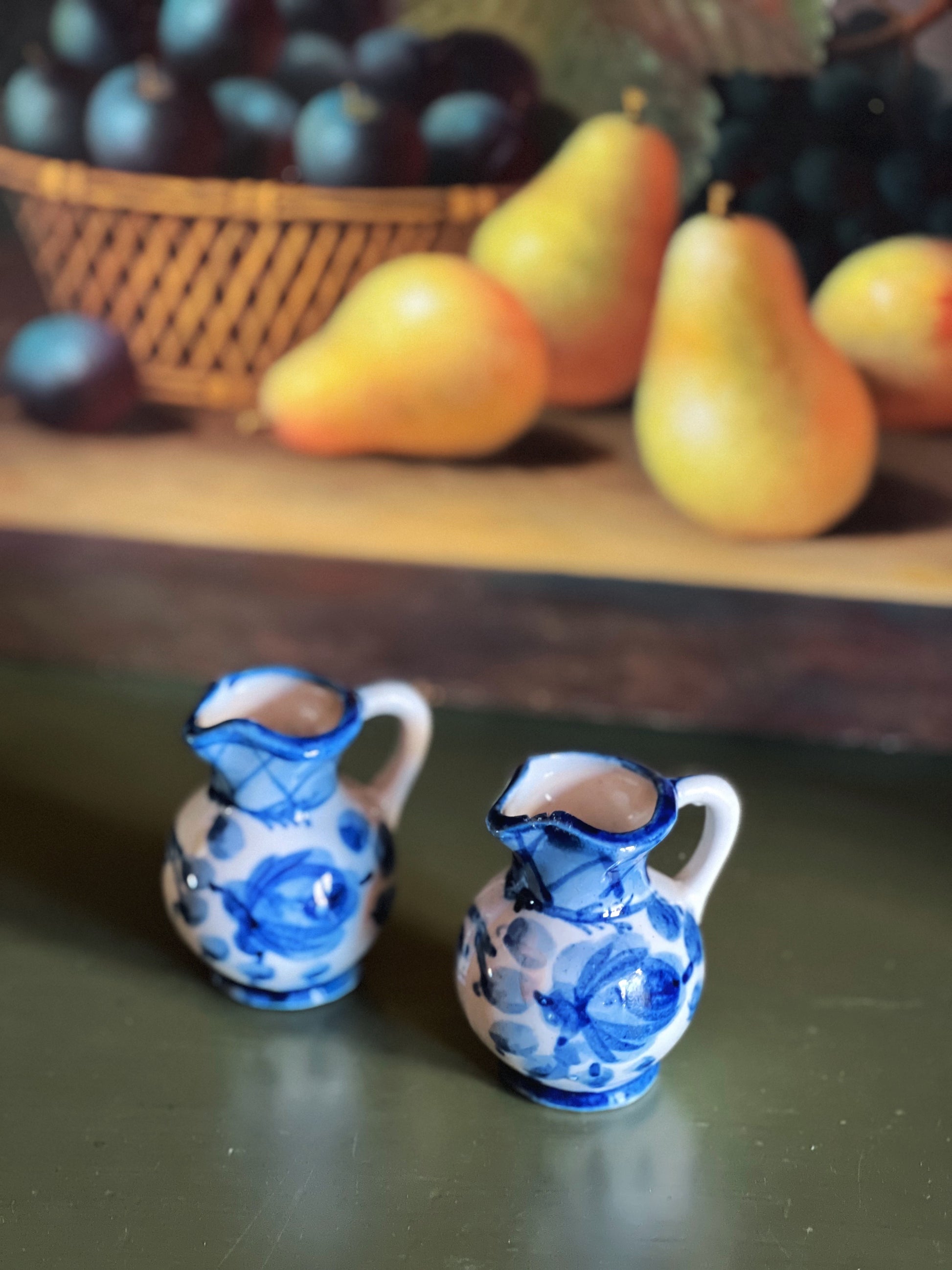 Vintage Pair of Hand Painted Japan Mini Blue & White Pitchers