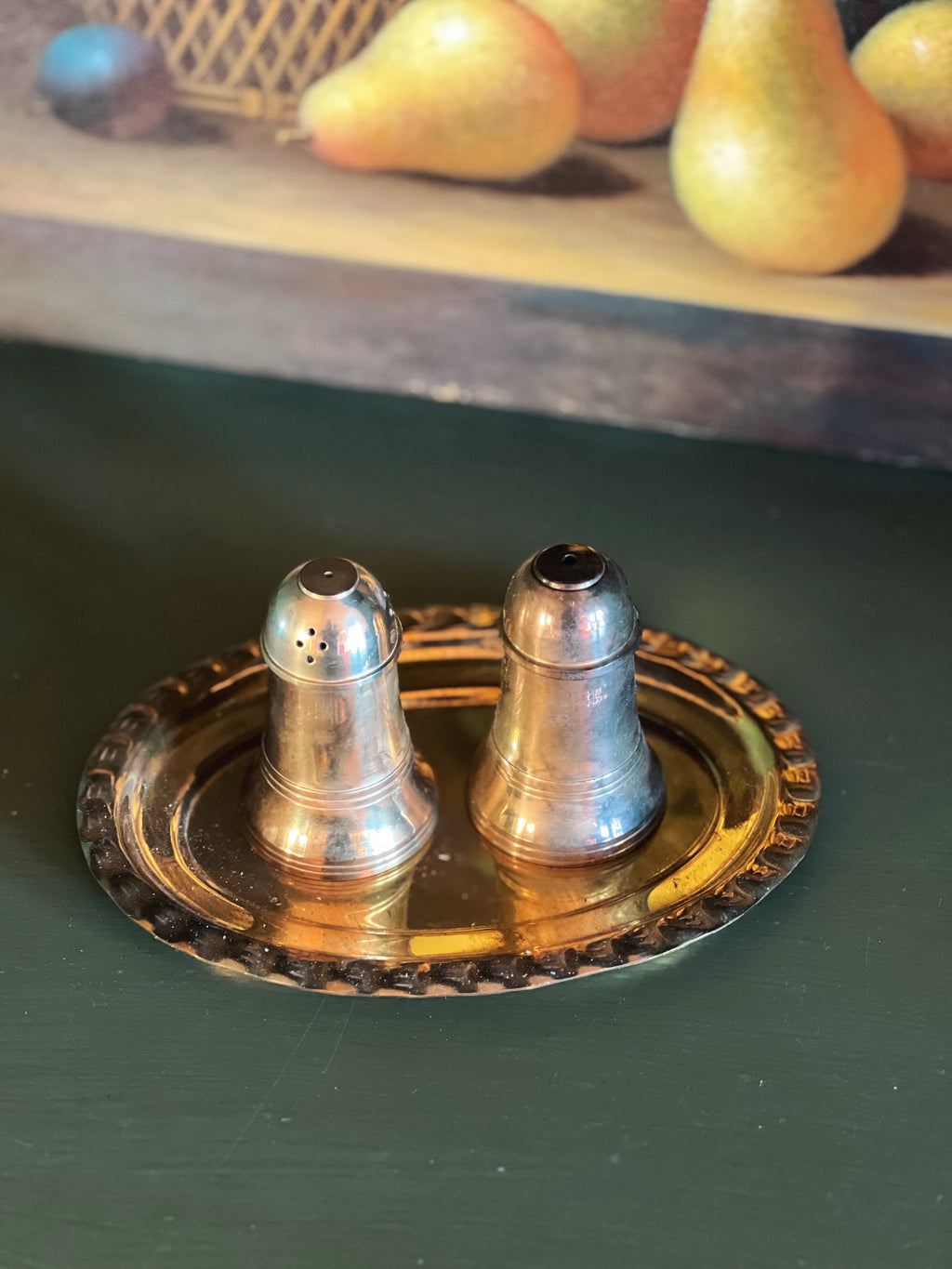 Vintage Brass Salt & Pepper Shakers and Tray
