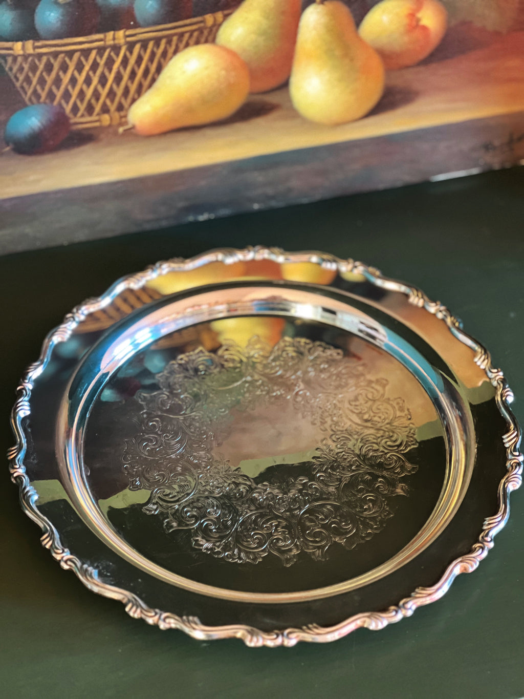 Vintage Wm A Rogers Georgian Scroll Round Silver Serving Tray