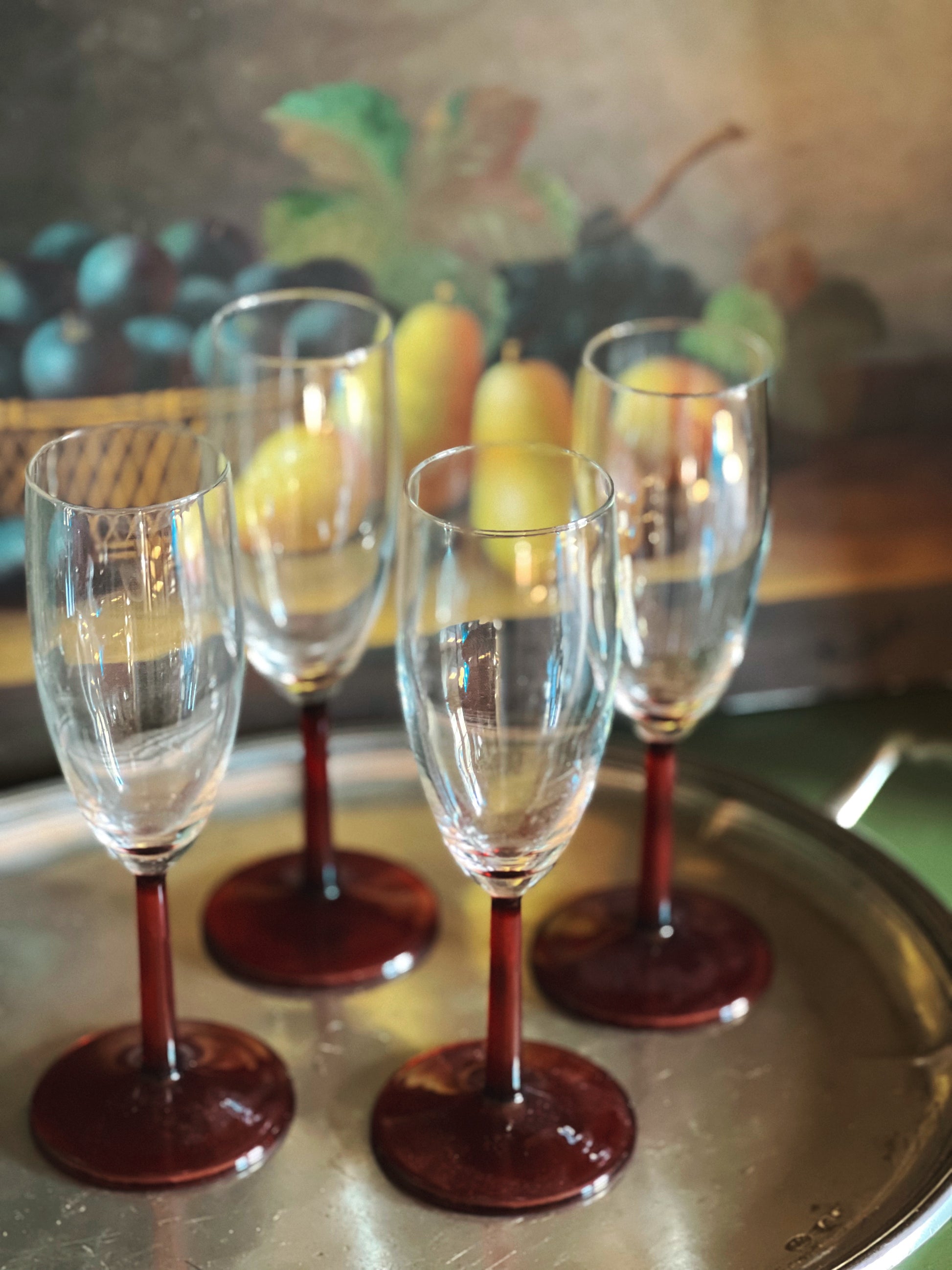 Set of 5 Vintage Red Stem Champagne Flutes