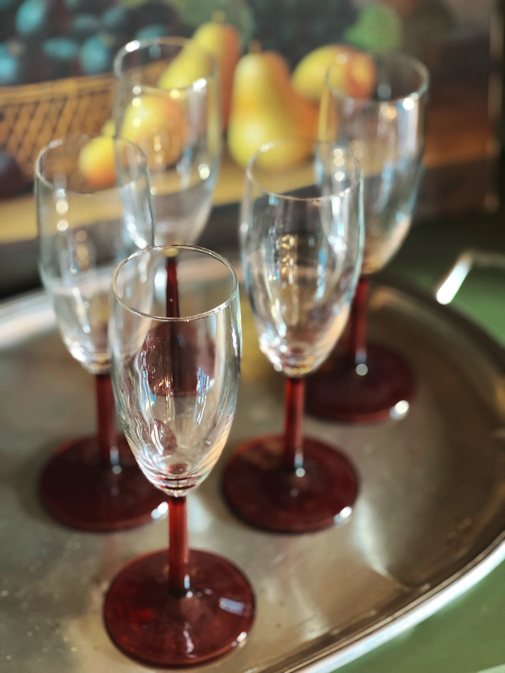Set of 5 Vintage Red Stem Champagne Flutes
