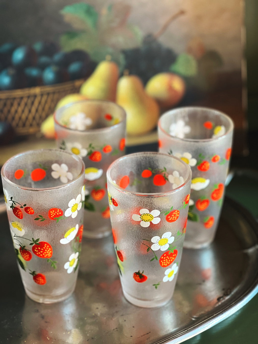 Vintage Set of 4 Plastic Strawberry Highball Glasses / Tumblers