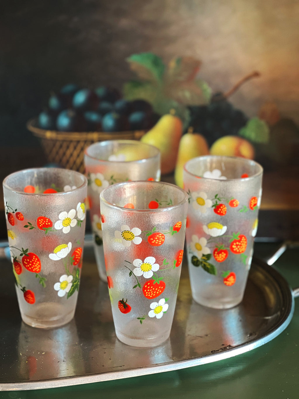 Vintage Set of 4 Plastic Strawberry Highball Glasses / Tumblers