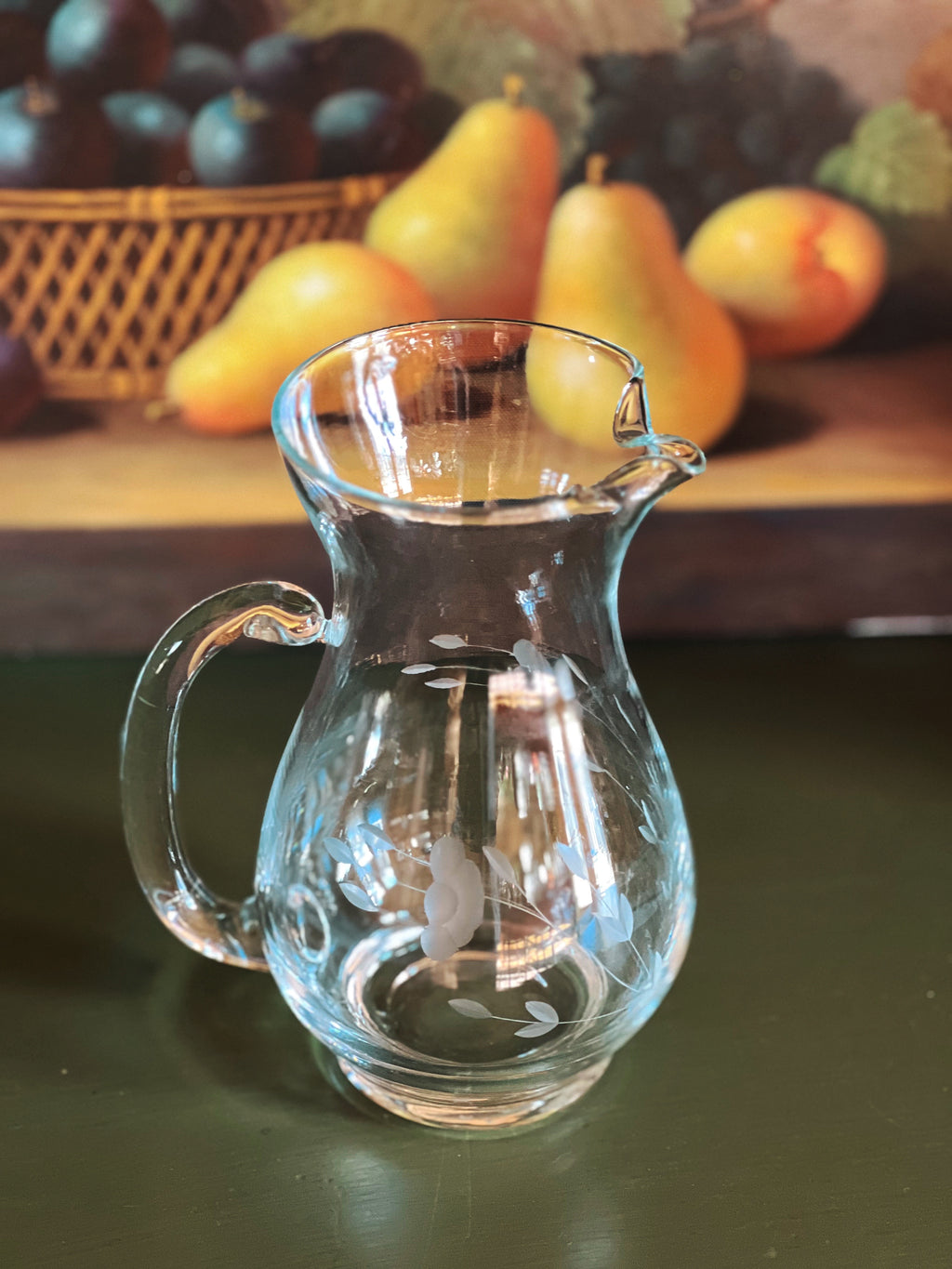 Small Vintage Etched Glass Pitcher
