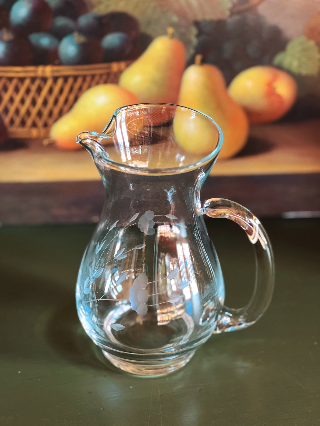 Small Vintage Etched Glass Pitcher