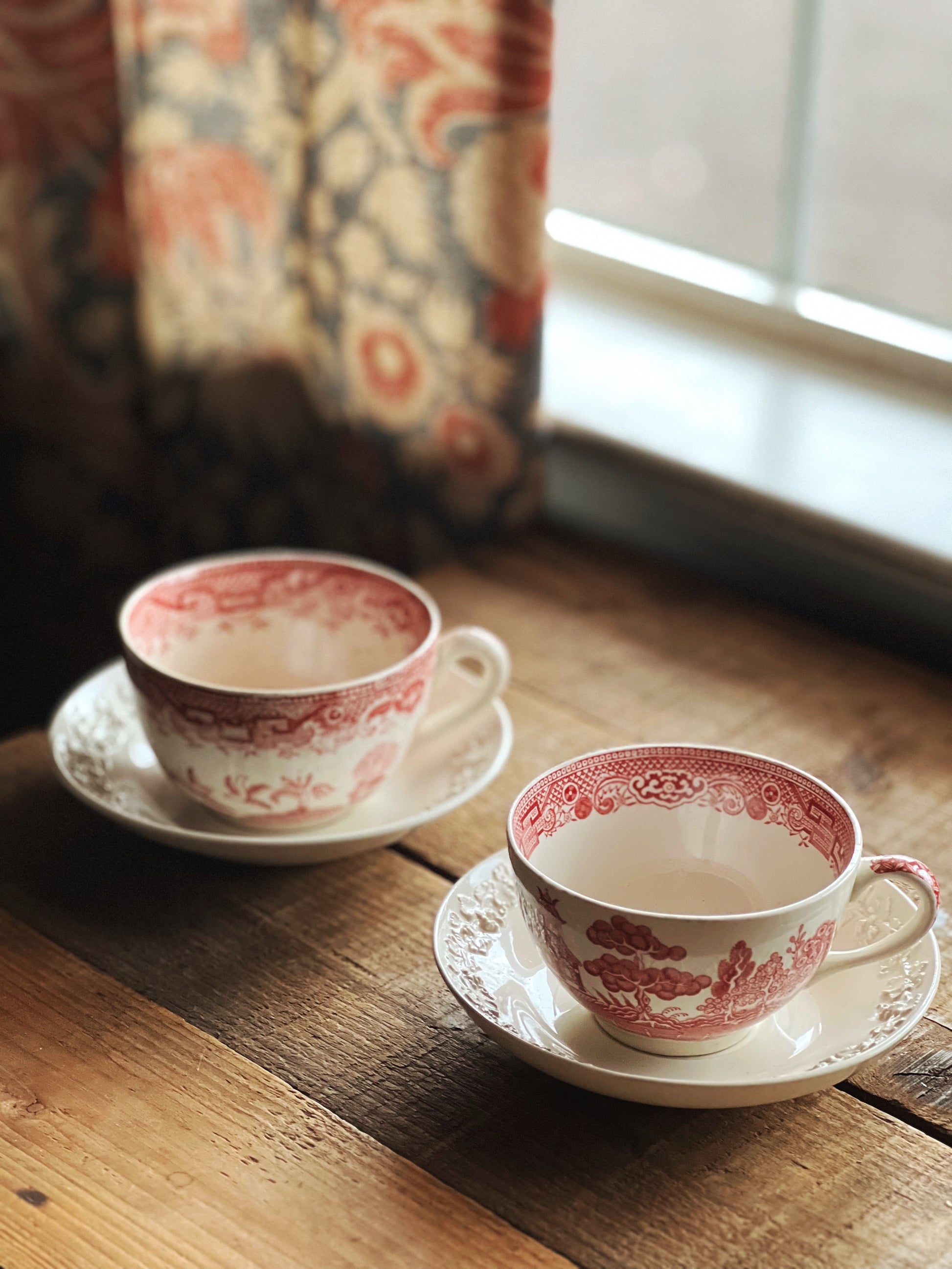 Pair of Vintage Mix Match Pink Willow Teacup & Saucer Sets