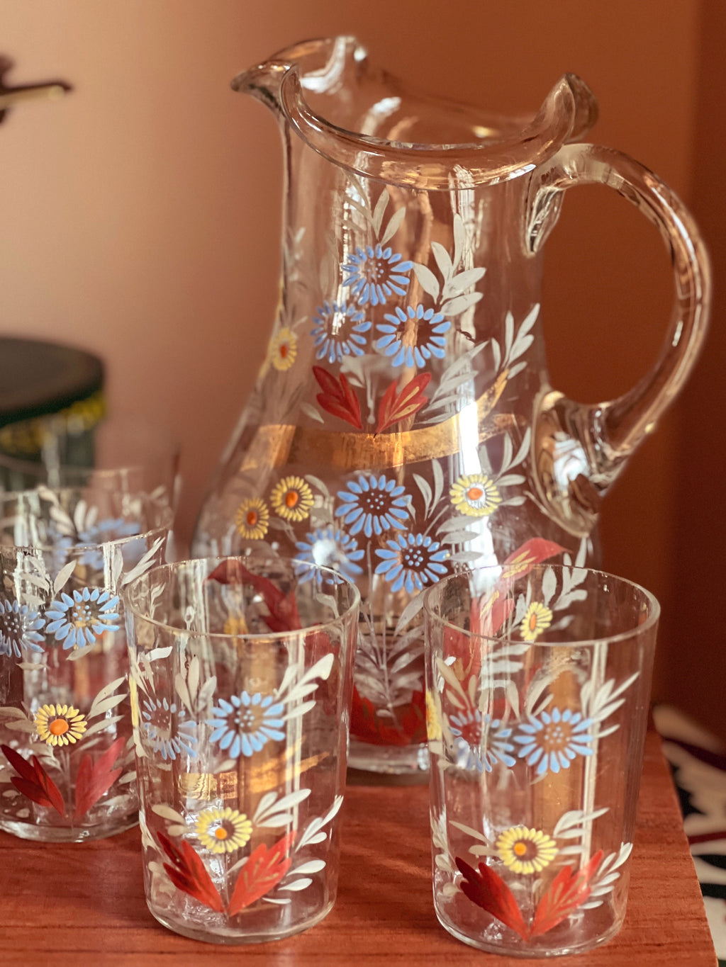 Antique 7 Piece Victorian Hand Painted Pitcher and Tumbler Set