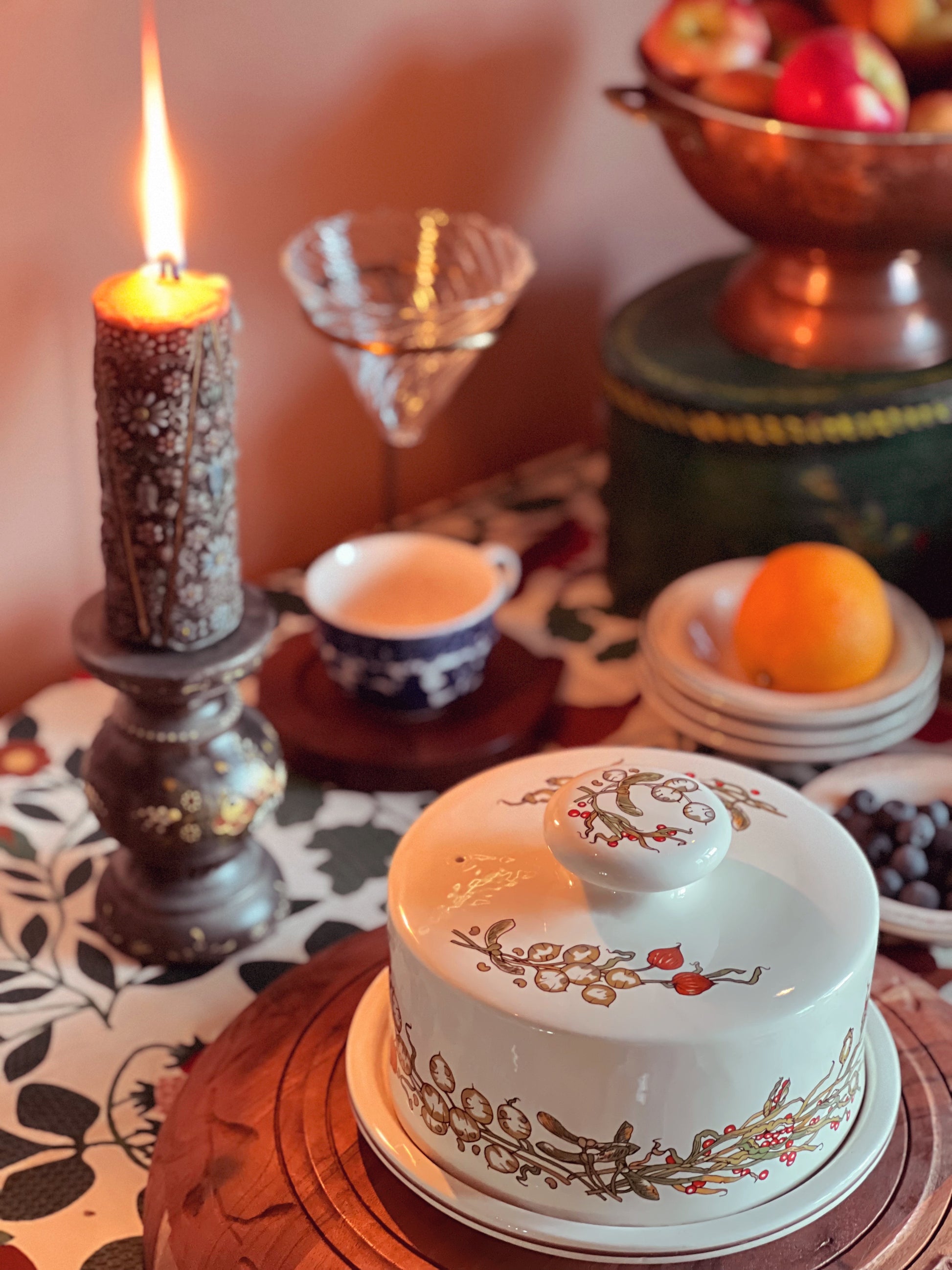 Hand Painted Vintage Wood Pillar Candle Holder with Carved Candle