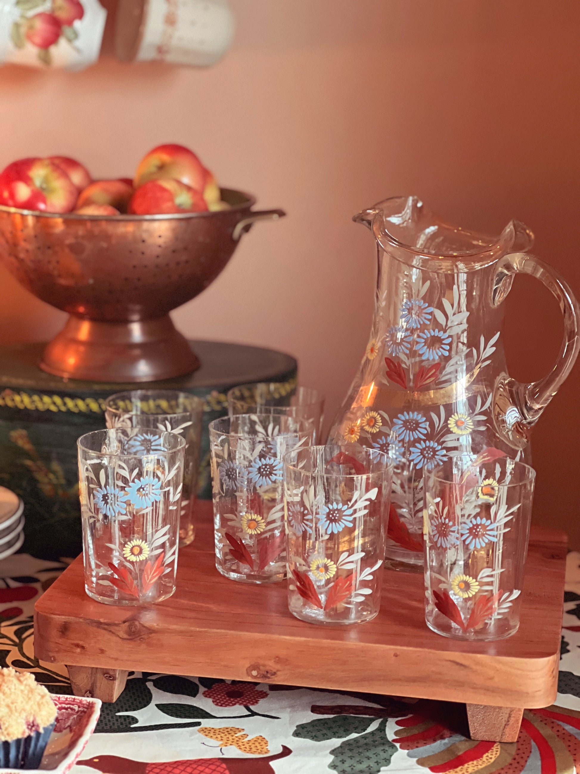 Antique 7 Piece Victorian Hand Painted Pitcher and Tumbler Set