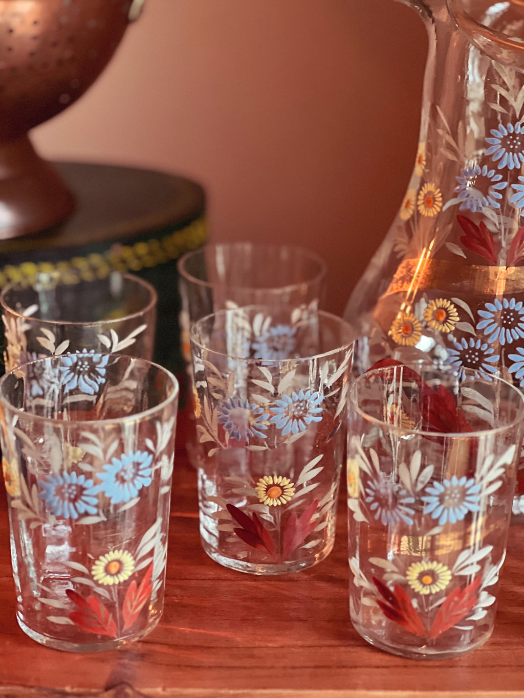 Antique 7 Piece Victorian Hand Painted Pitcher and Tumbler Set