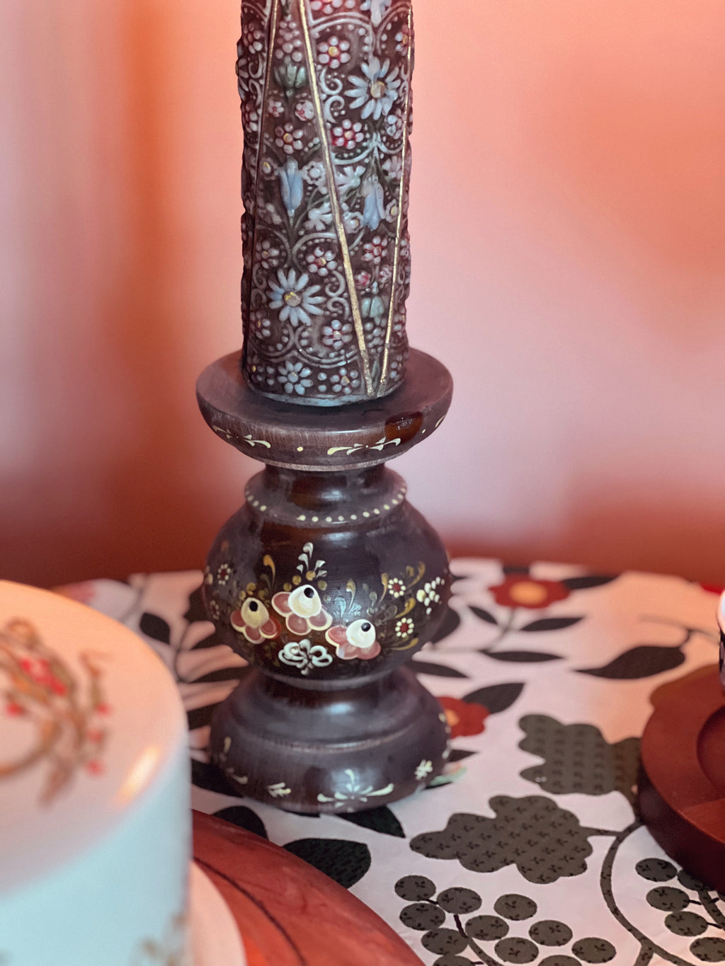 Hand Painted Vintage Wood Pillar Candle Holder with Carved Candle