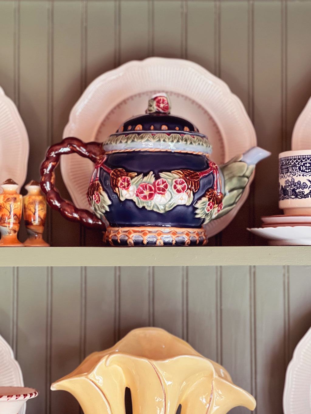 Vintage Navy Blue Majolica Style Teapot