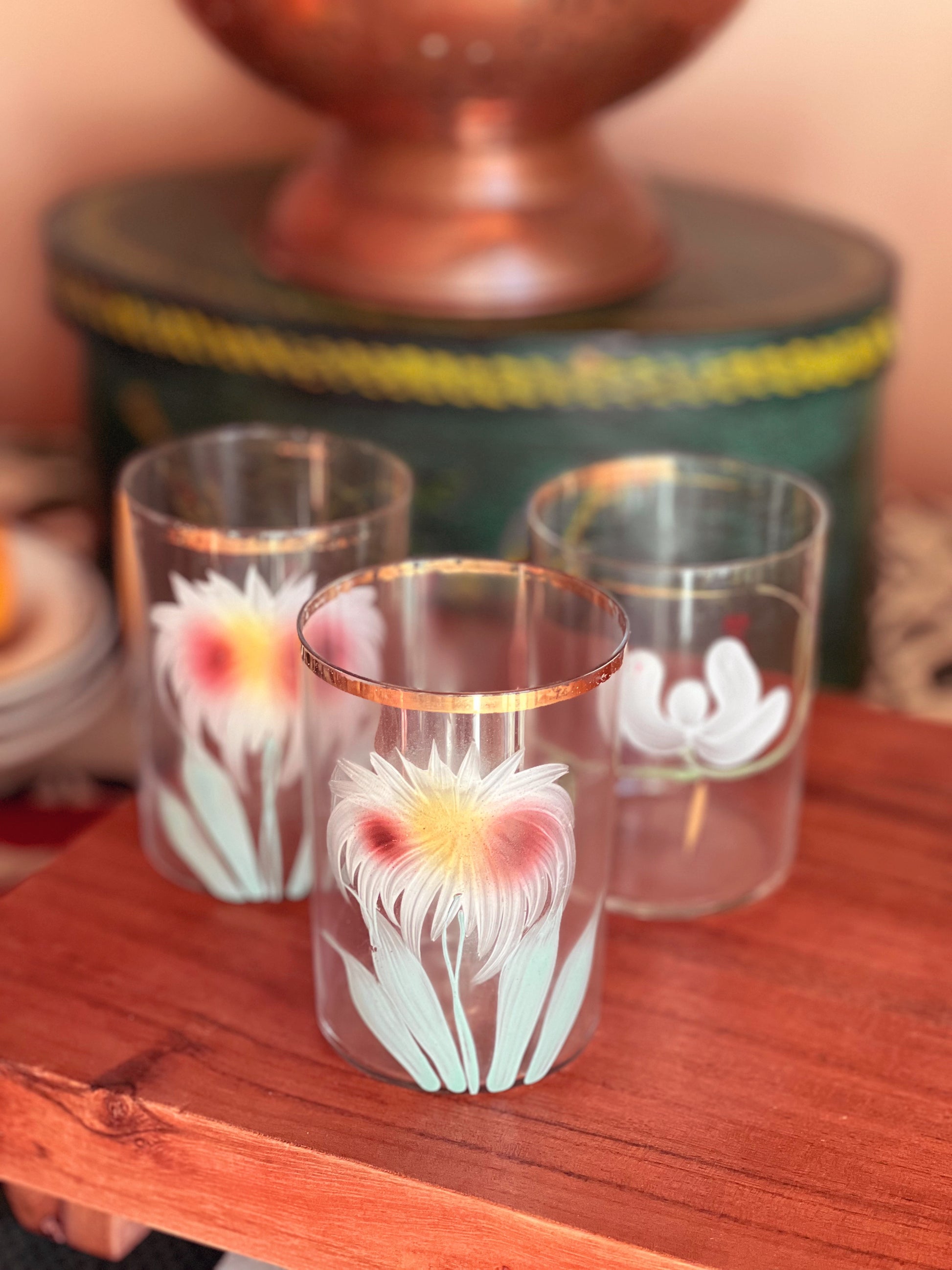 Antique Set of 3 Victorian Hand Painted Glass Tumblers