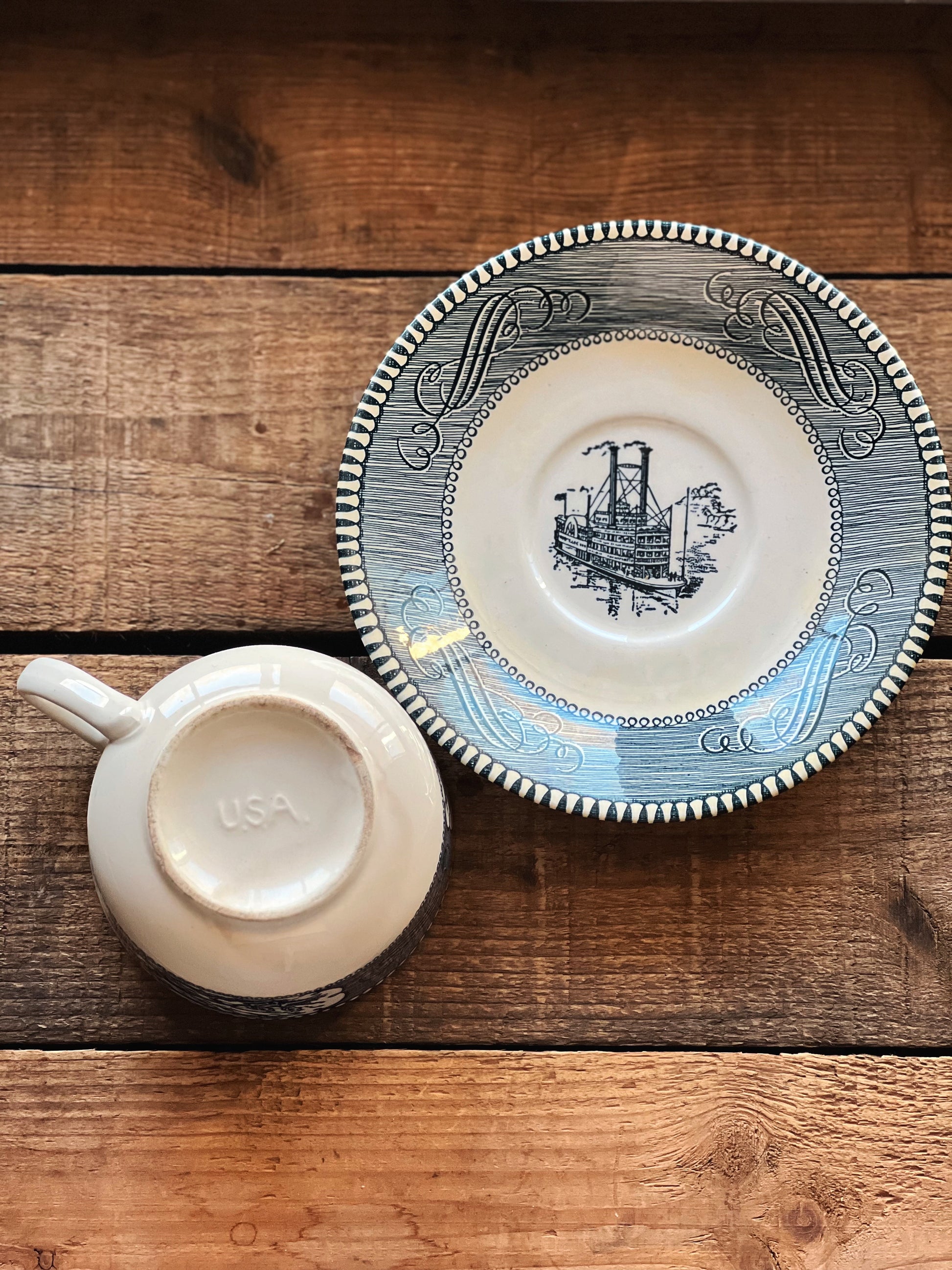 Vintage Royal China USA Ironstone Currier and Ives Flat Cup & Saucer Set