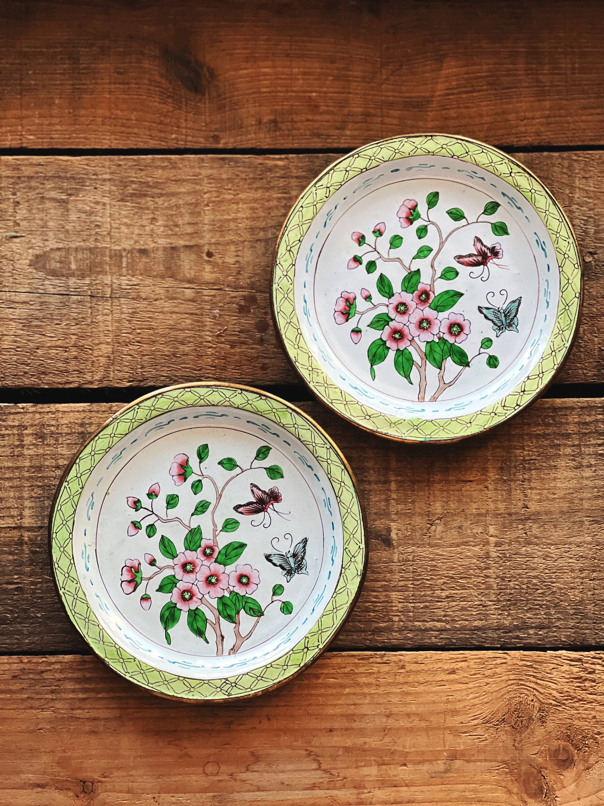 Two decorative plates with floral and butterfly designs on a wooden surface