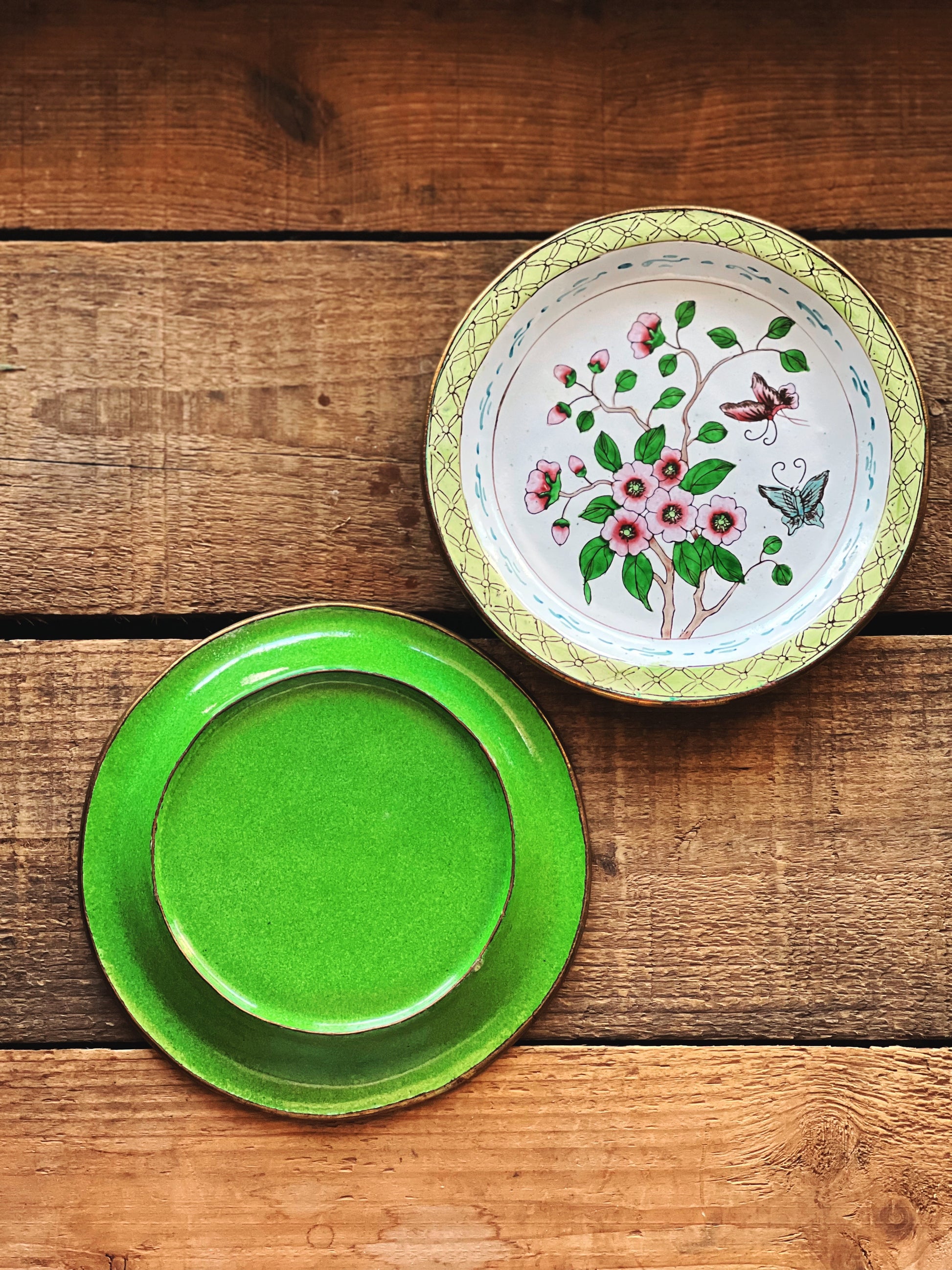 Vintage Pair of Hand Painted Metal Floral Plates