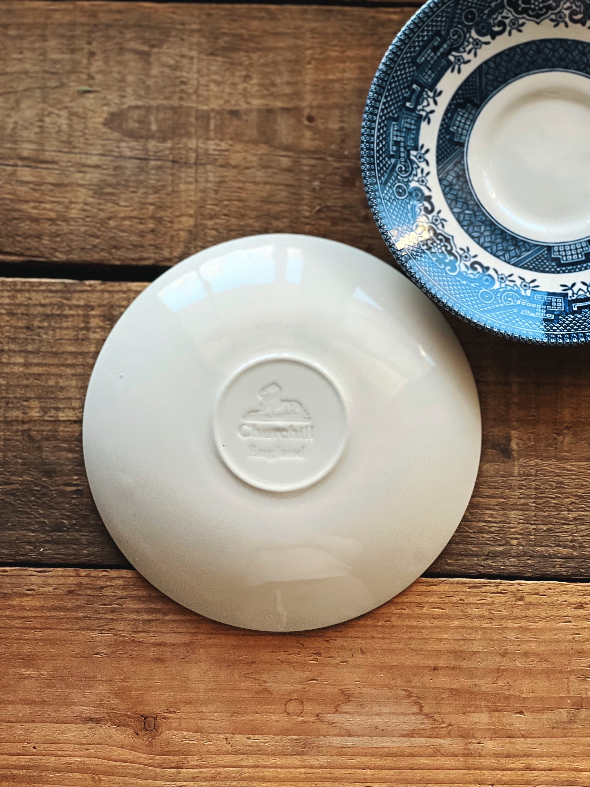 Vintage Pair of Churchill England Blue Willow Saucers