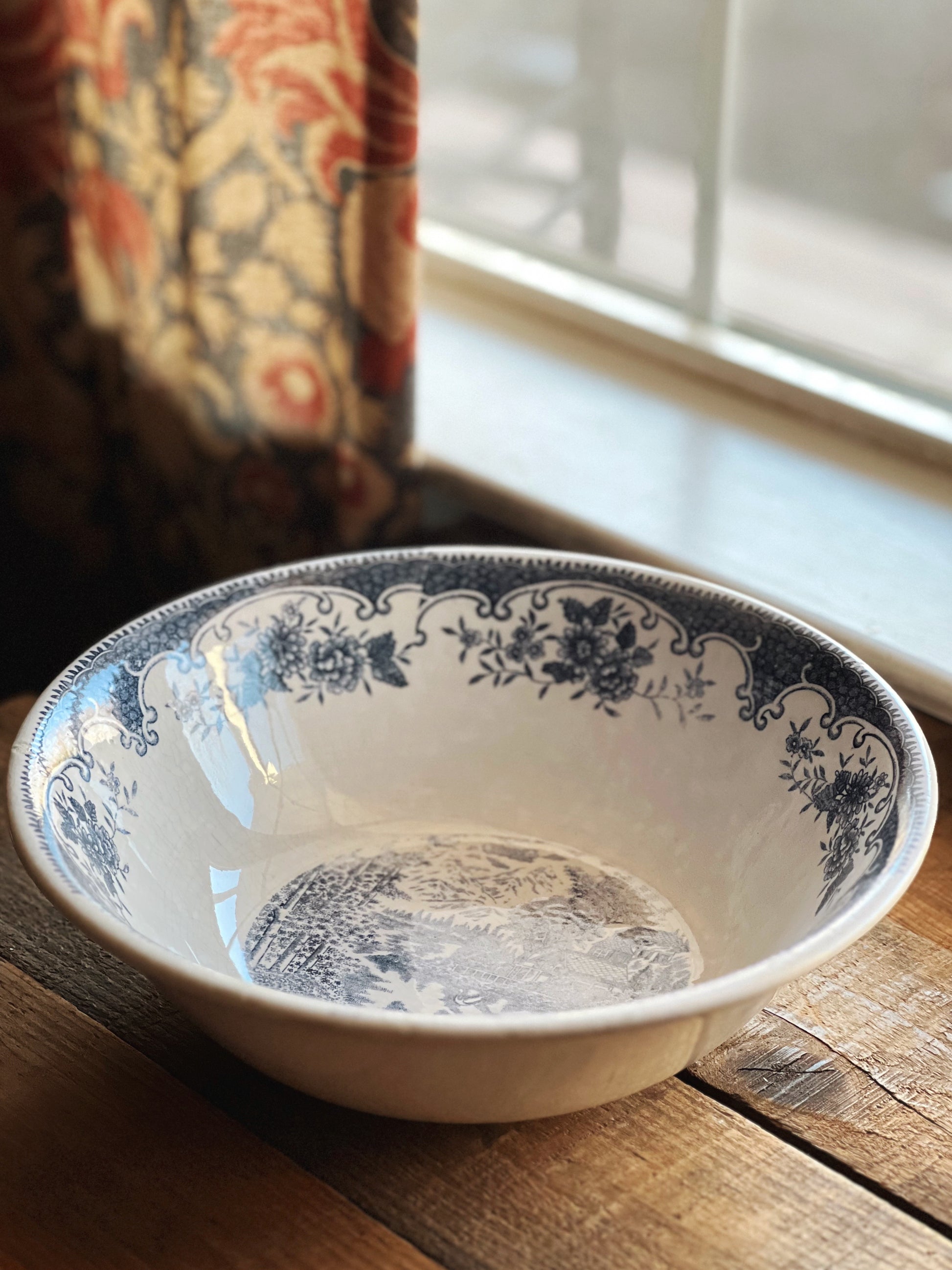 Vintage Blue & White English Village Japan Transferware Serving Bowl